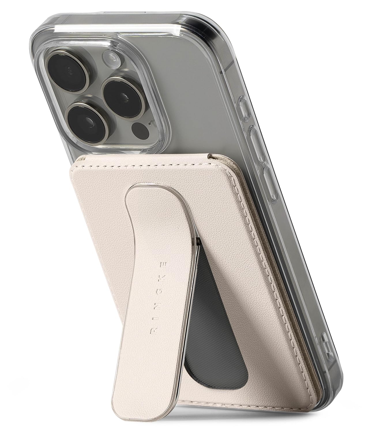 Ringke Slide Grip Magnetic [All-in-One Functionality] Compatible with MagSafe Wallet, Cell Phone Premium PU Leather Card Holder with Adjustable Stand and Secure Phone Grip - Beige Pink-image-17