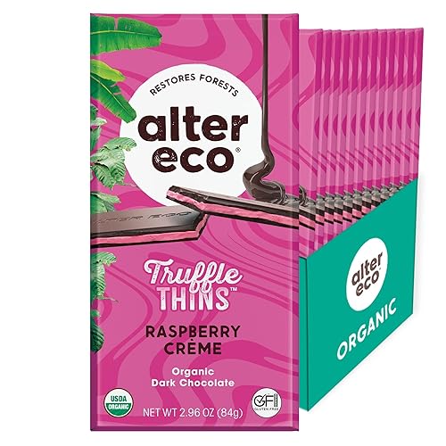 Alter Eco Trufa fina de crema de frambuesa, barra de chocolate con relleno de trufa ganache pegajosa, orgánica, sin gluten ni soja, aperitivos sin