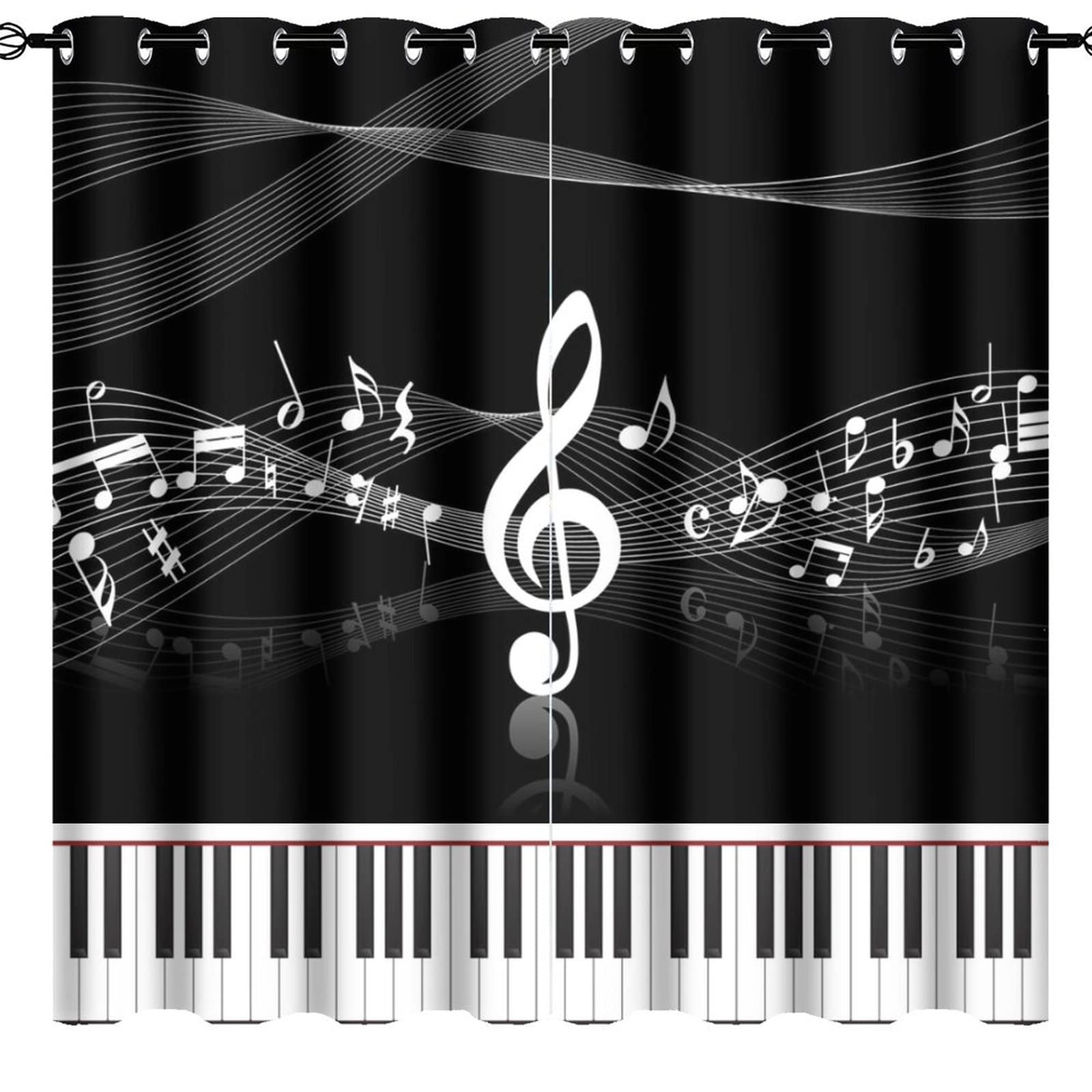 Kazynee Black & White Piano Notes Ultra Soft Premier Blackout Curtains,Abstract Modern Art Music Keyboard DecorThermal Insulated Bedroom Noise Reducing Patio Door Grommet Top,2 Panels 63L x 31.5W