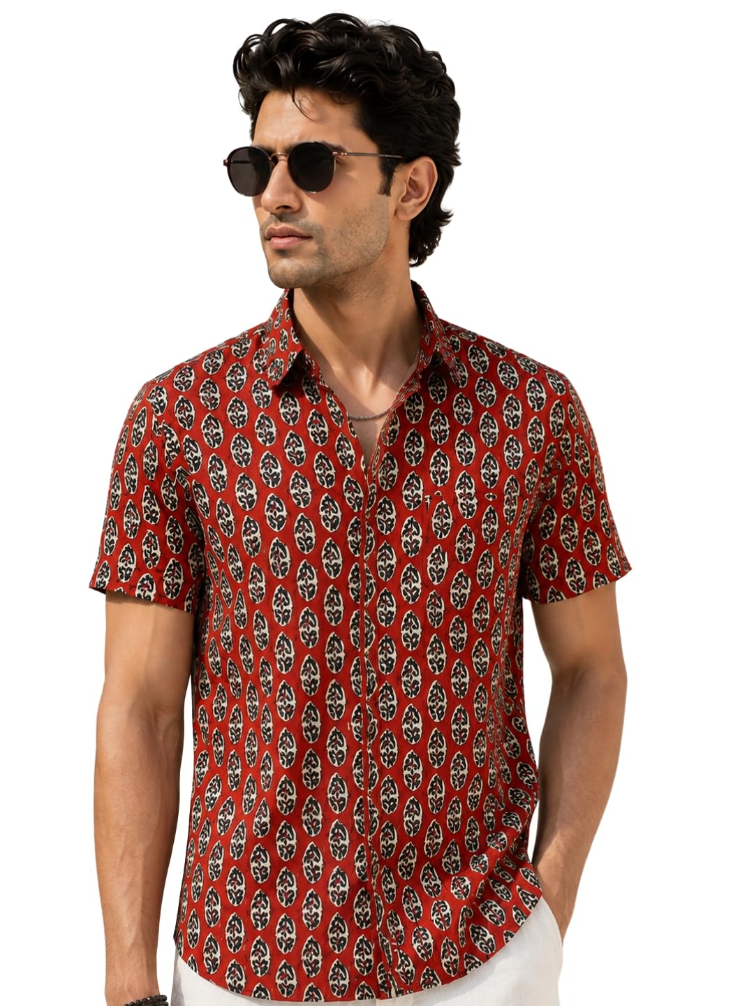 majestic man Men's Printed Pure Cotton Casual Shirt | Half Sleeve | Slim Fit | Collared Neck | Sanganeri/Jaipuri/Prints-picture-49