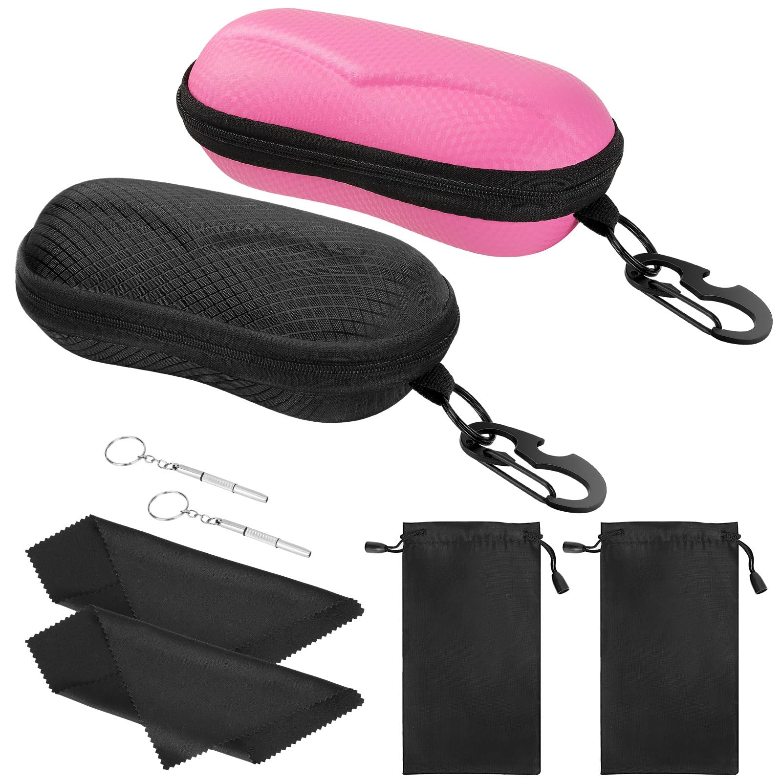 MoKo EVA Semi Hard Shell Sunglasses Case, Unisex Protective Eyeglass Case Glasses Case Holder with Metal Hanging Hook Mini Screwdriver for Men Women, Black & Pink