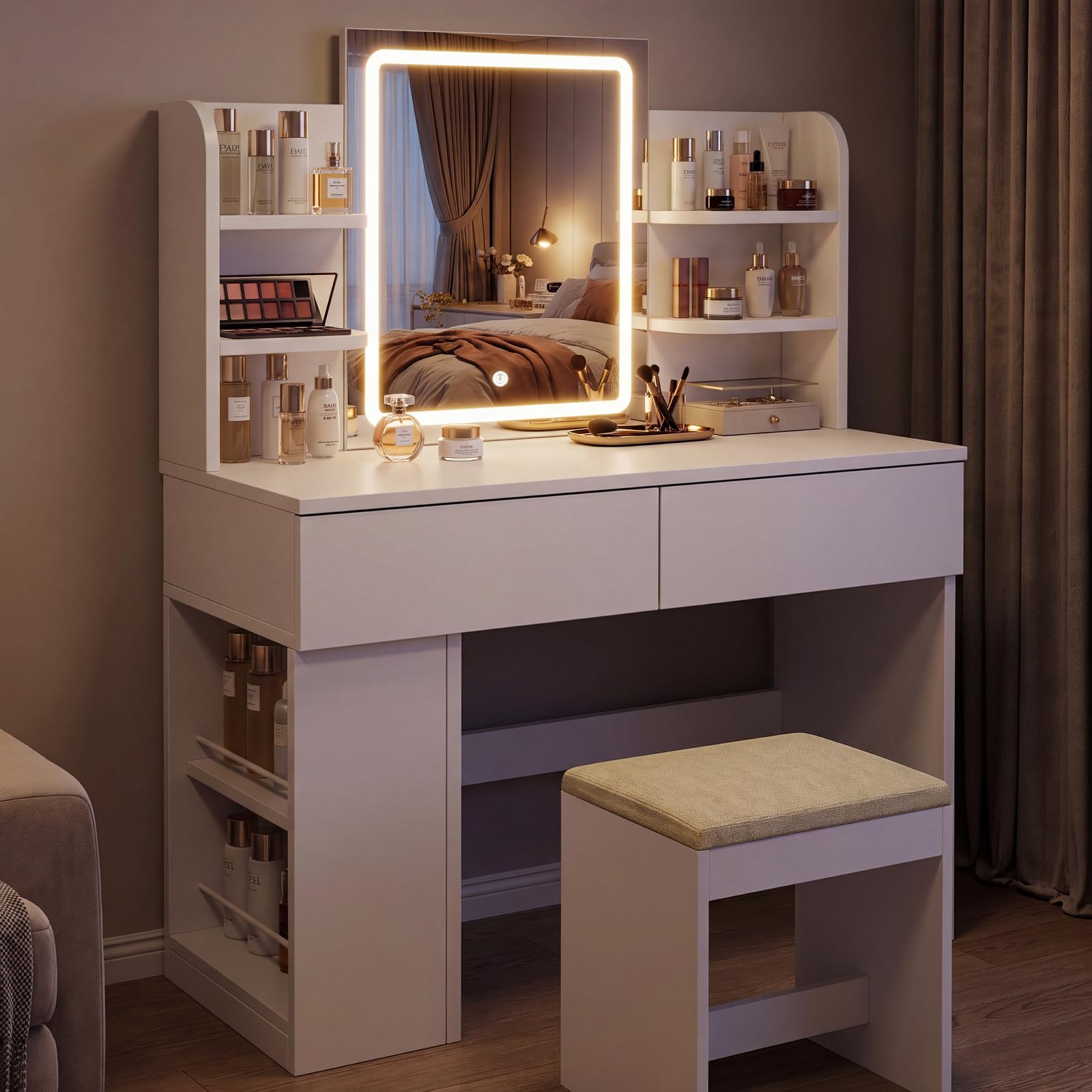 JUMMICO Toeletta con Specchio LED, Luminosità Regolabile, Tavolo da Trucco 90 cm con 2 Grandi Cassetti, 6 Ripiani Aperti, Vano Laterale, Mobile per Camera da Letto (Bianco, Con Sgabello)