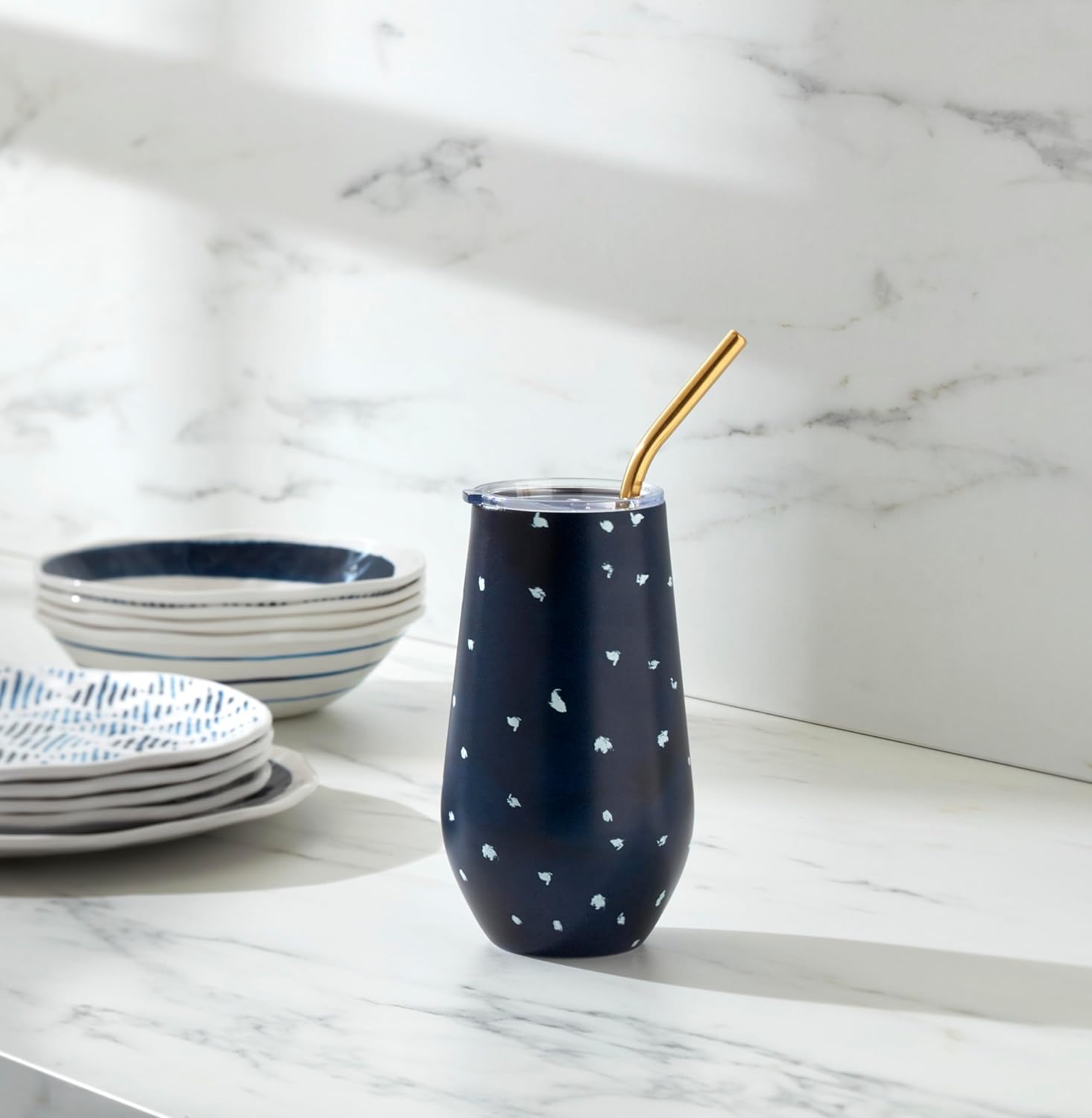 Lenox 895732 Blue Bay Dot Pattern Stainless Steel Wine Tumbler With Straw - Image 6