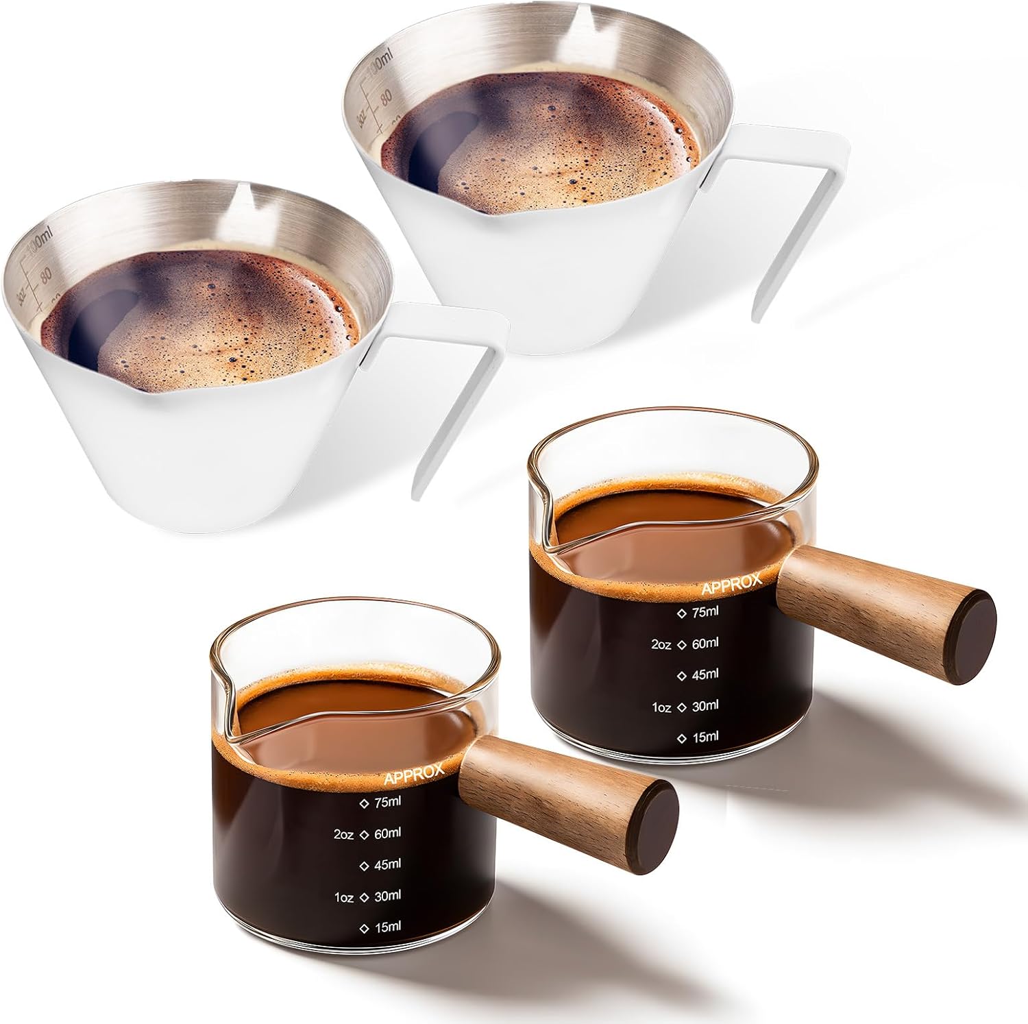 YARRAMATE 100ML Metal Measuring Cups (White) & 100ML Glass Measuring Cups