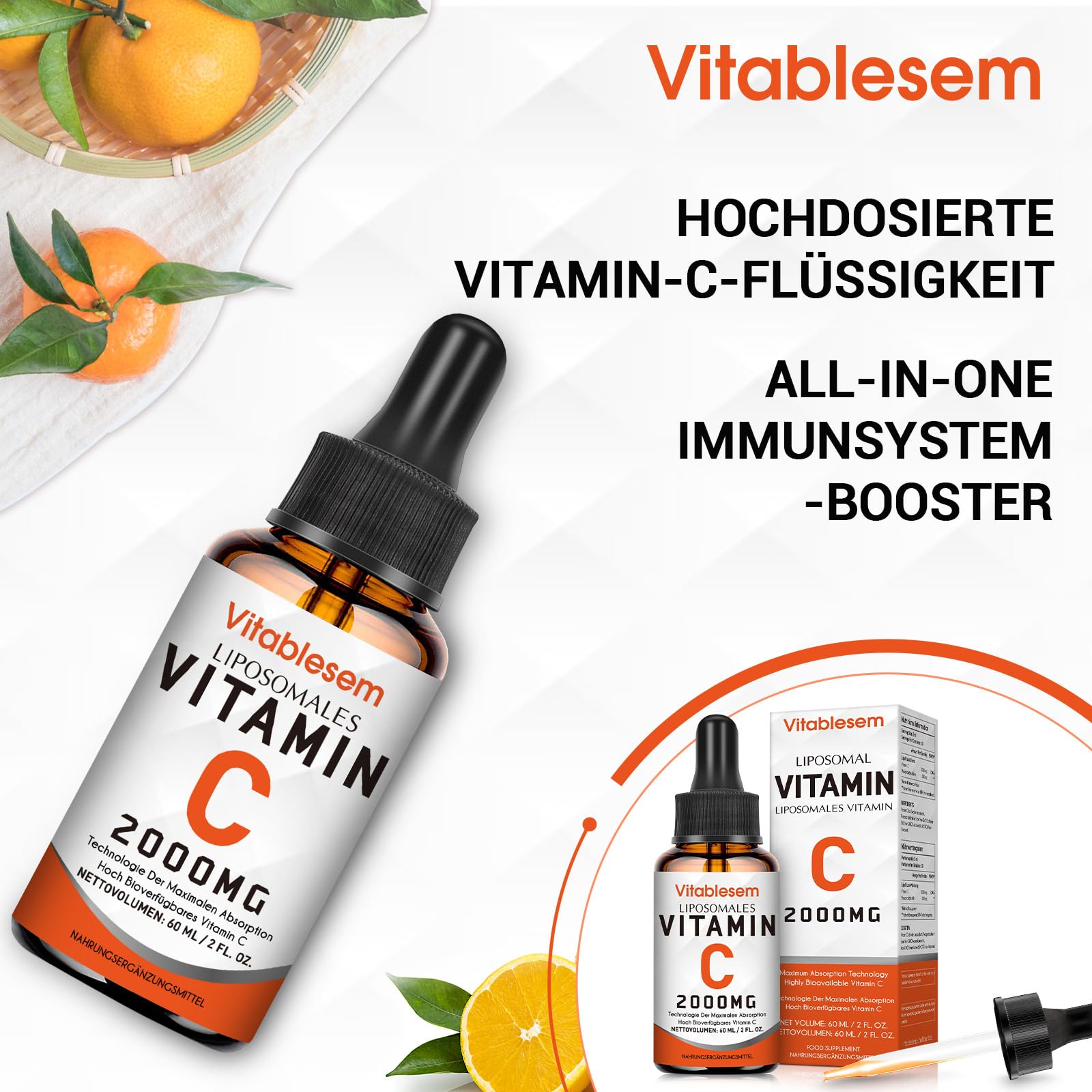Liposomales Vitamin C Flüssig 2000 mg, Hochdosierte Ascorbinsäure, Maximale Absorption, Hochgradig Bioverfügbar, Sojafrei, Vegan, Gentechnikfrei