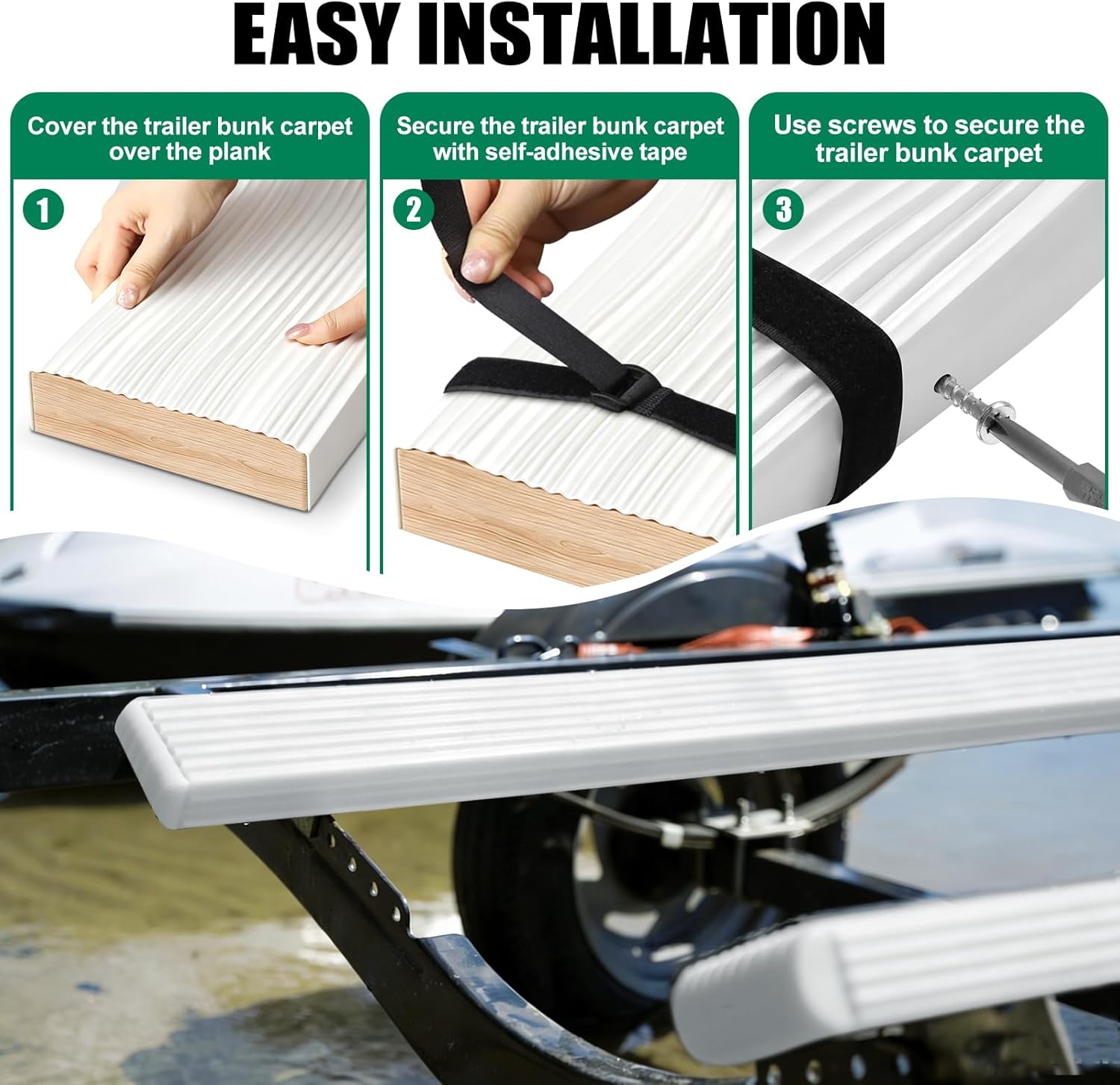 SUPOWER Bunk Wrap Kit Roll with Endcaps for Boat Trailer, 16"x2"x6" Waterproof PE Synthetic Bunk Cover Replaces Carpet, White