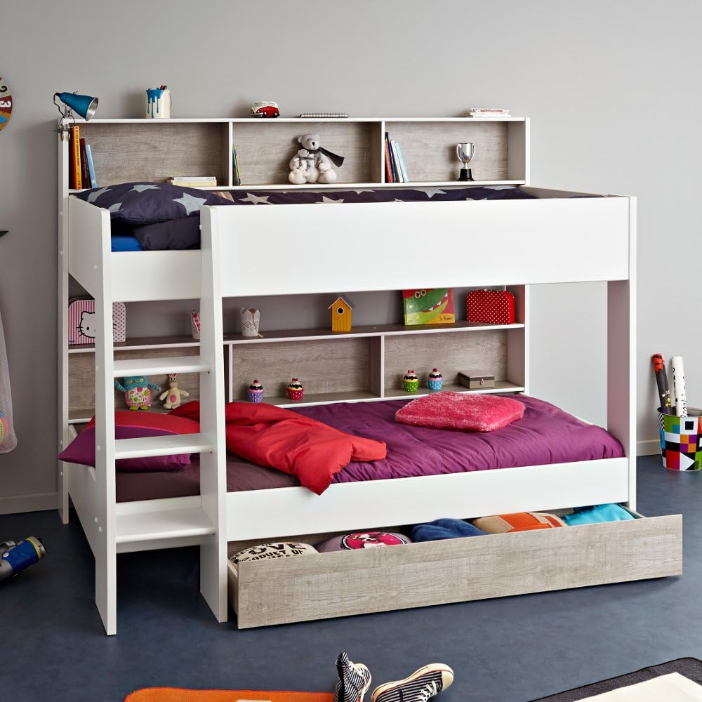 Happy Beds Tam Tam White and Grey Wooden Kids Bunk Bed with Underbed Storage Drawer and Storage Shelves Frame Only European Single (90 x 200 cm)