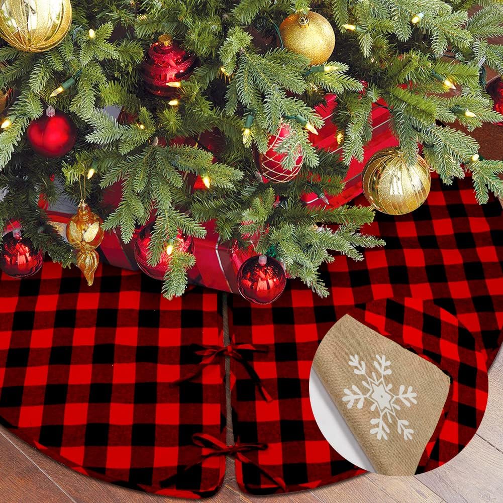 OurWarm 48 Inch Christmas Tree Skirt Red and Black Buffalo Plaid Tree Skirt, Double Sided Burlap Christmas Tree Skirt Snowflake Xmas Tree Skirt for Rustic Christmas Holiday Decorations