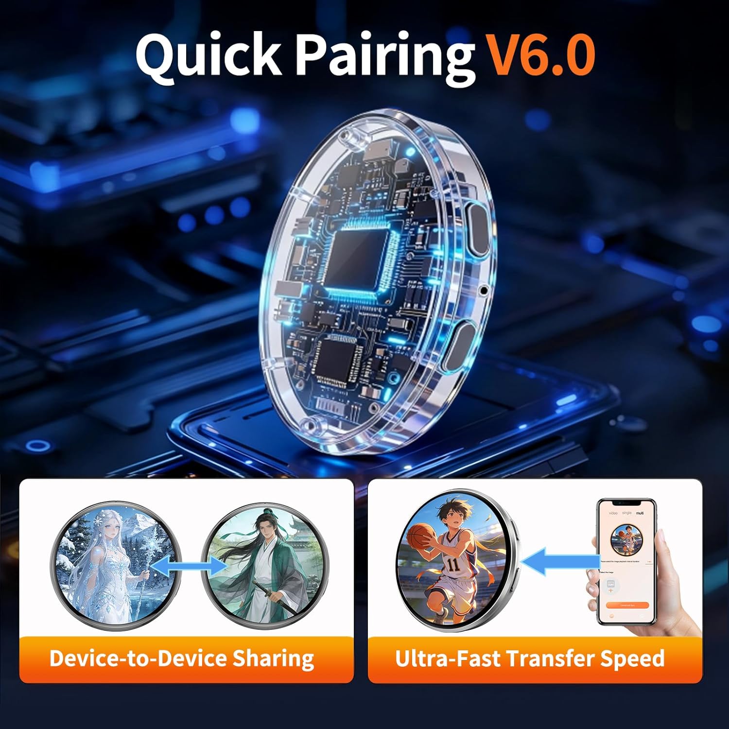 Digital Badge Pin with Anime Themed Pixel Screen, Bluetooth HD Touchscreen Badge Electronic Smart Display, 1.70-inch 360x360 Resolution Photo Video GIF for Cosplay, Conventions, Events
