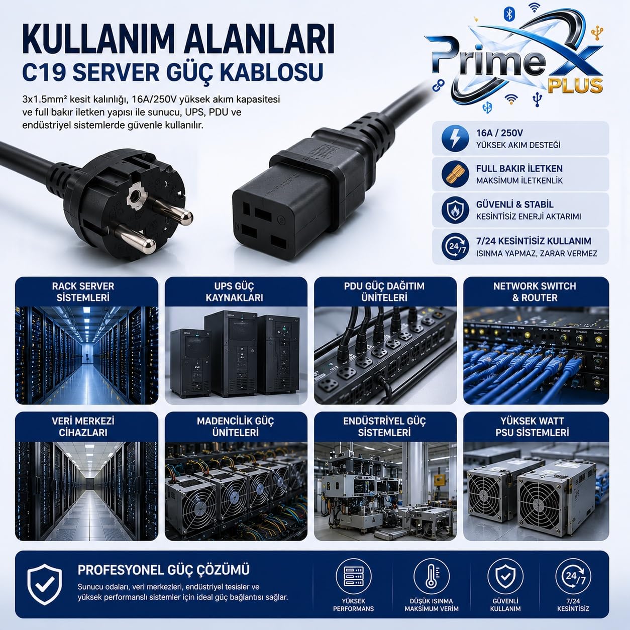 PrimeX PX-SRV15 2 Metre 3x1.5mm C19 UPS Server Power Kablo, Full Bakır C19 Schuko Güç Kablosu, 16A 250V Sunucu PDU UPS Veri Merkezi Güç Bağlantı Kablosu, Siyah