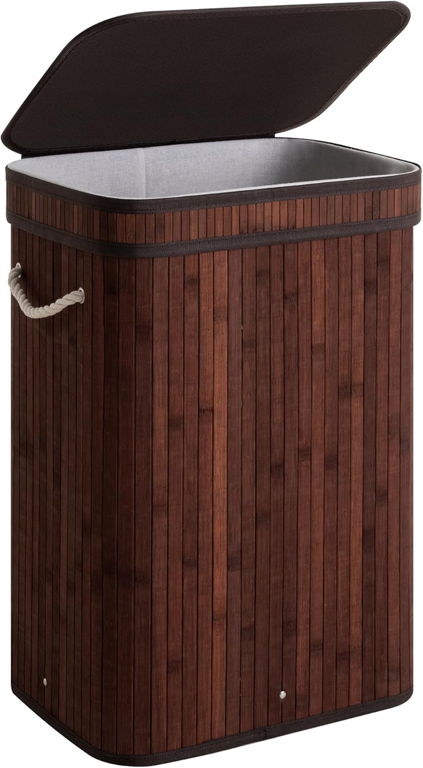 StorageWorks Laundry Hamper with Lid, Foldable Bamboo Laundry Basket, Clothes Hamper with Handles, Organizer and Storage for Laundry Room, Bedroom, Dorm, Brown Brown 72L