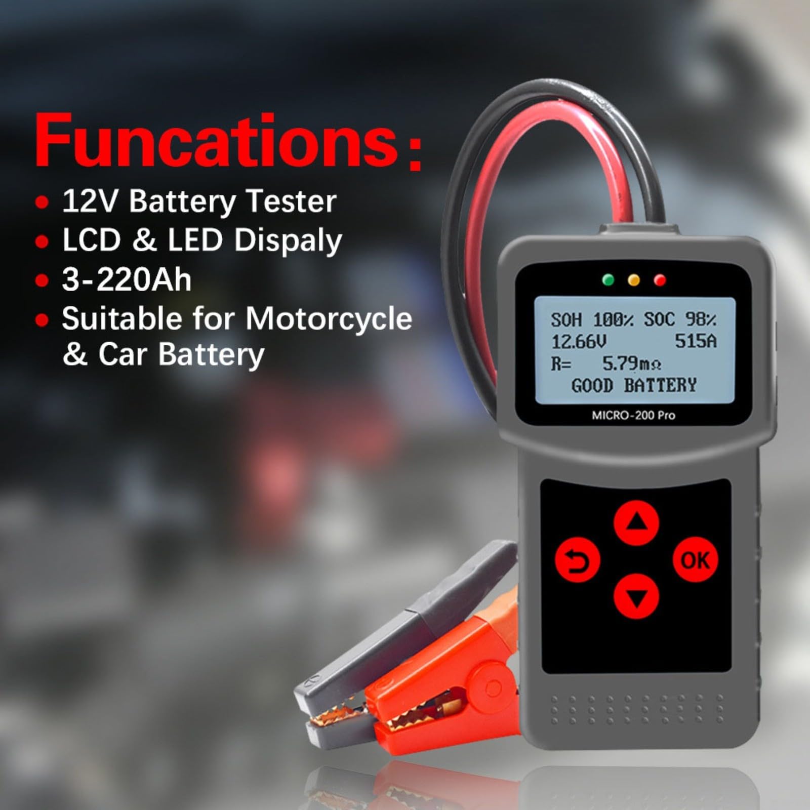 200 PRO Batterietester für 12V/24V, prüft SOH/SOC/Spannung, für Auto/LKW/RV, mit Kelvin-Klemmen, Diagnosegerät