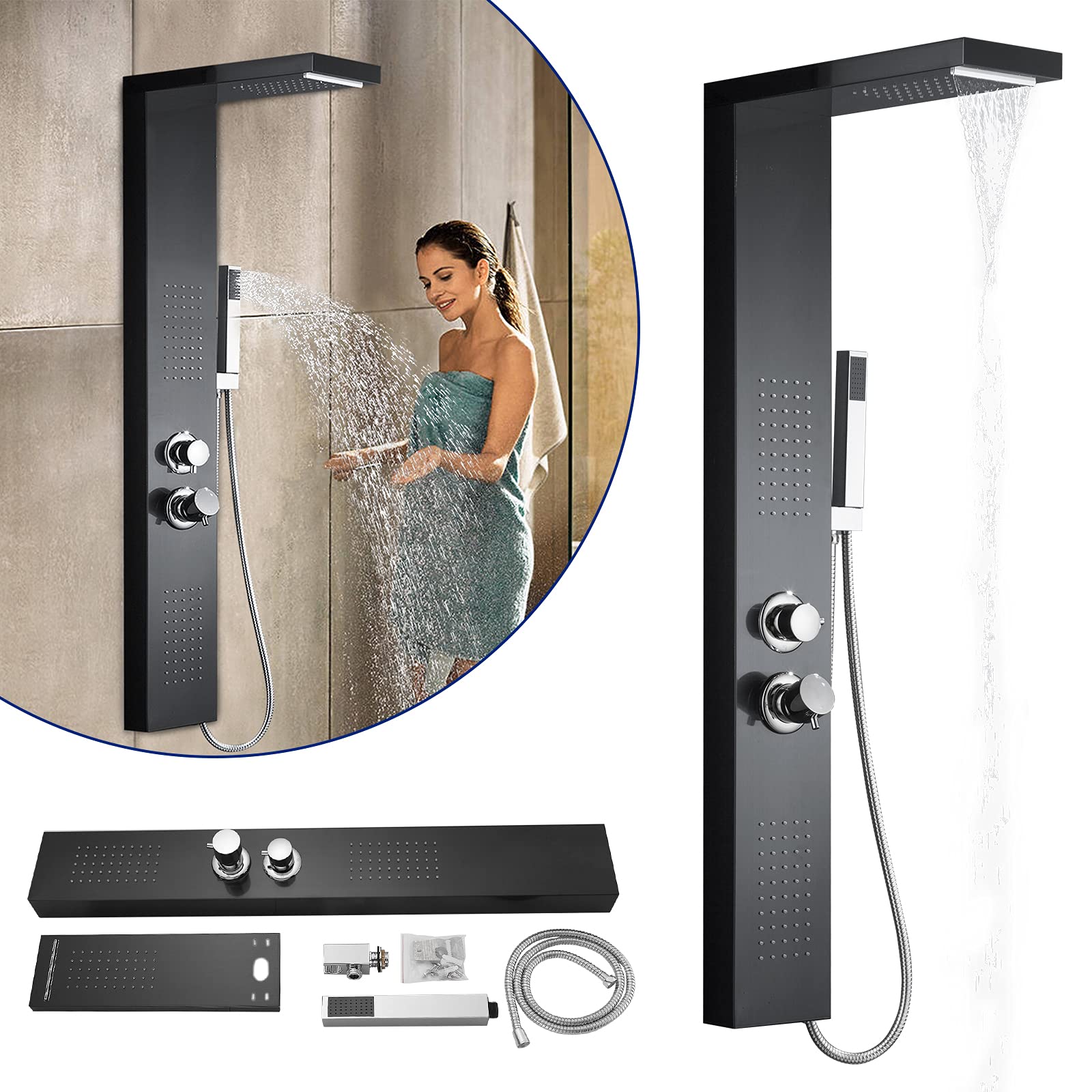 Froadp Sistema Doccia a Pioggia Pannello in Acciaio Inox Spazzolato Montaggio a Parete set Doccia con Doccia Idromassaggio Cascata e set Doccia Doccetta Lusso per Bagno (Nero Opaco)