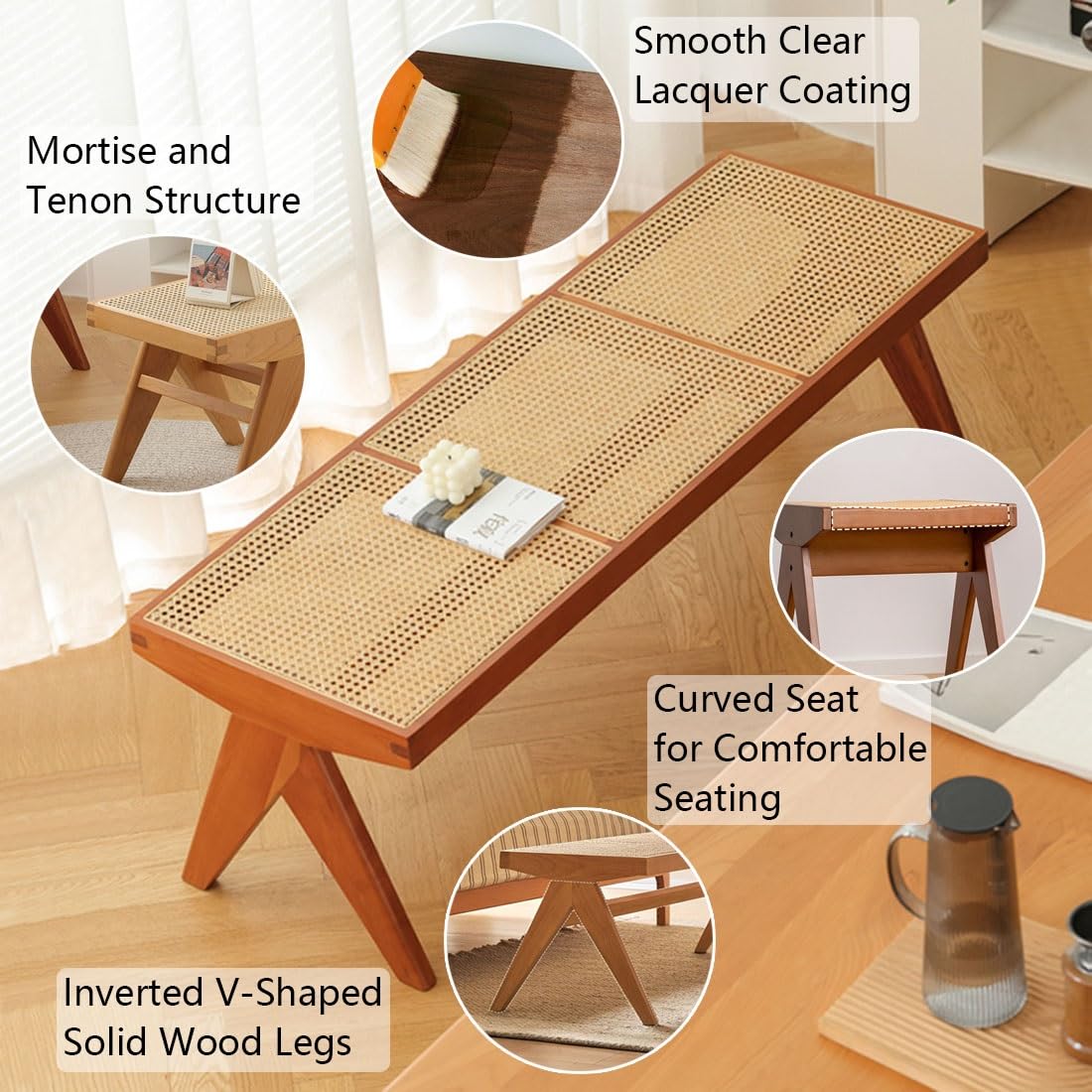 Generico Panca in Legno Massello 40/86/128/138 Cm, Panca Scarpiera da Ingresso Rustica, Sgabello Poggiapiedi da Pranzo con Gambe A V, Piccola Panchina per Soggiorno Corridoio(Walnut,86 cm/33.86 in)