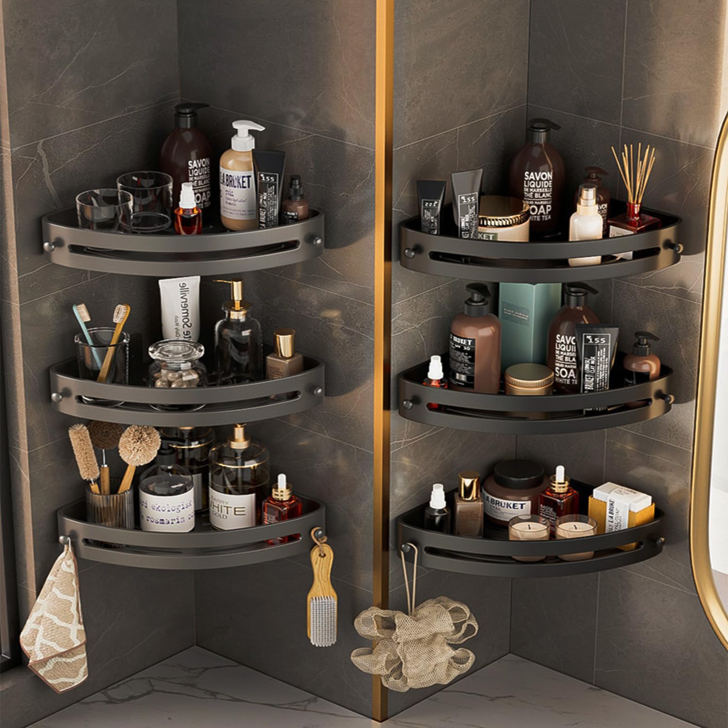 3 Pack Bathroom Shower Shelves, Self Adhesive No Drilling Bath Room Corner Shower Caddy Organizer Rack with Integral Hook, Wall Mounted Rustproof Shower Storage Baskets for Bathroom, Kitchen & Toilet