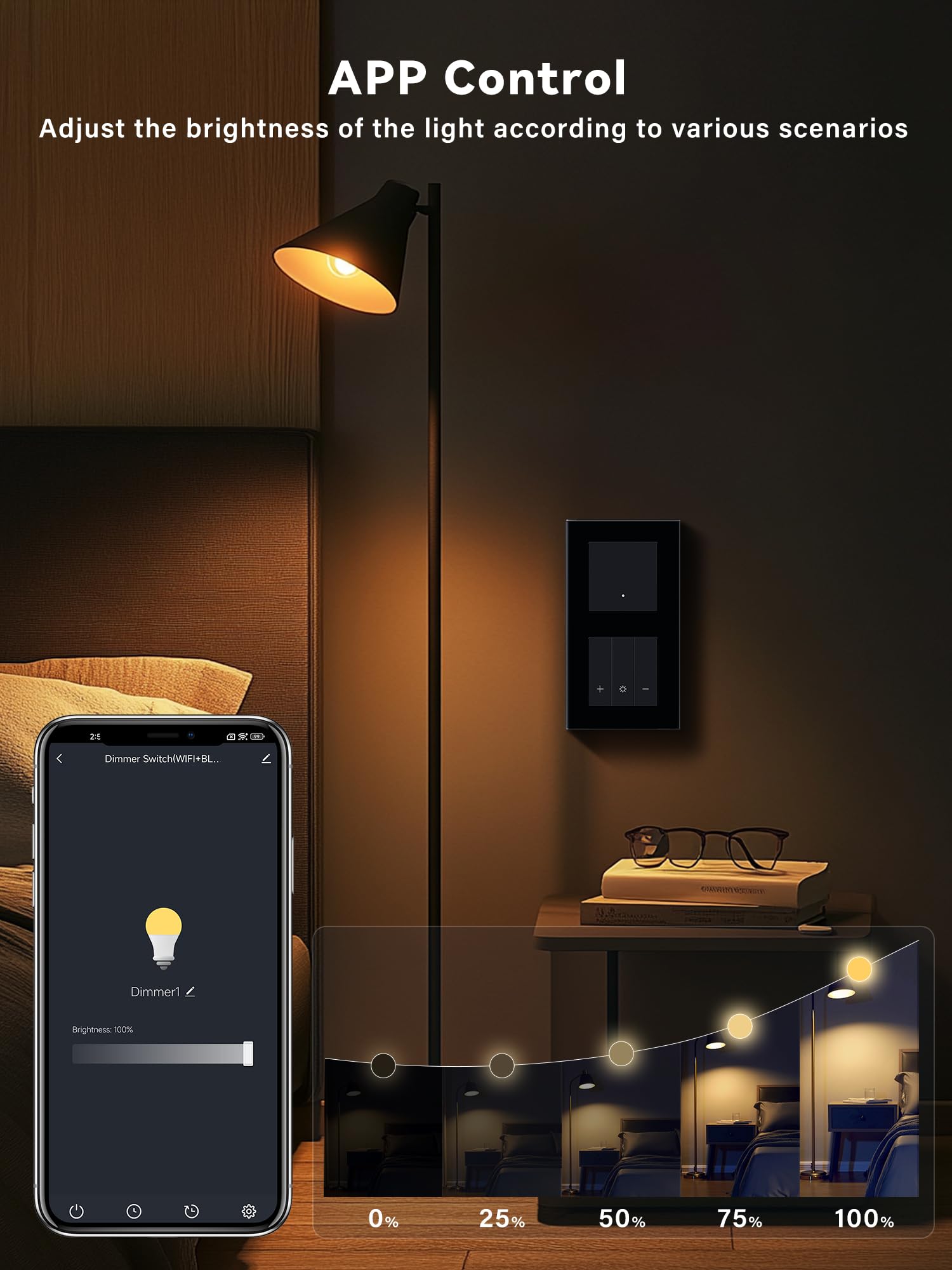 Smart WIFI Interrupteur d'éclairage avec variateur Wi-Fi - Interrupteur mural 1 compartiment + variateur d'intensité - Compatible avec Alexa/Google Home - Interrupteur d'éclairage encastré à