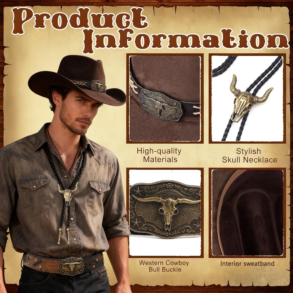 Chapeau et Accessoires Style Western Cowboy, Tenue de Déguisement pour Carnaval, Halloween, Idée Cadeau Noël et Anniversaire