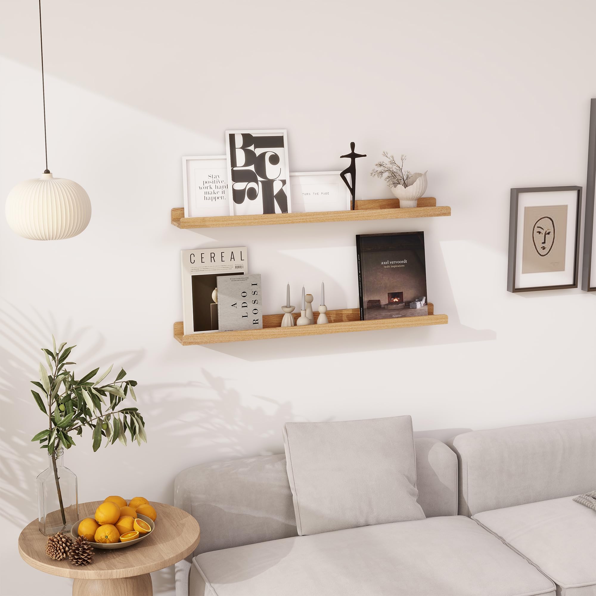 FLYJOE Estante para fotos, juego de 2 estantes flotantes de madera de fresno maciza, estantes flotantes de madera natural de 36 pulgadas con borde, estante largo para fotos para pared con repisa,