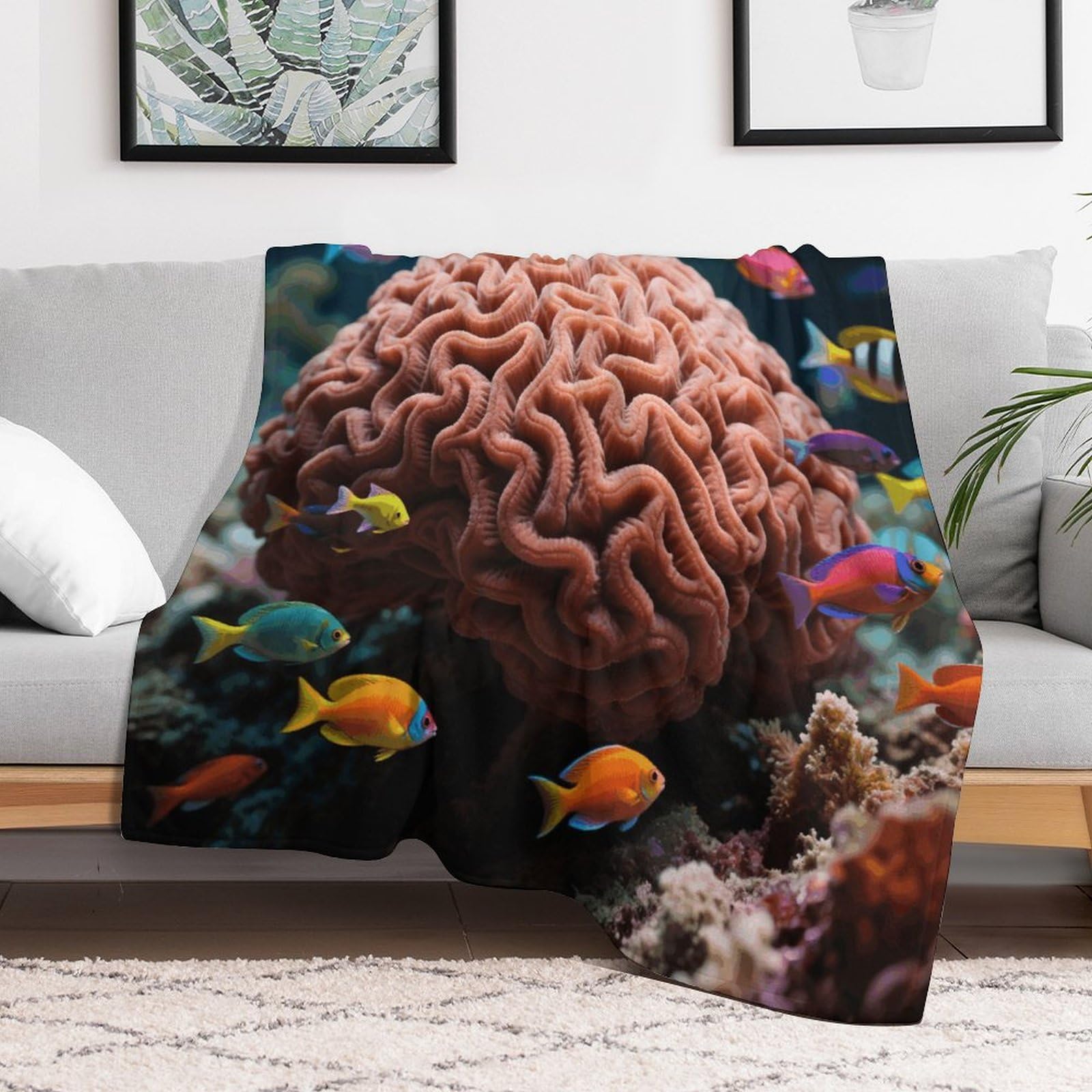 Custom BrainCoral Blanket Lightweight Flannel Fleece Throw for Couch Sofa Bed Luxury Soft Cozy Plush Lap Bedtime Blanket for All Seasons Bedroom Home Decor Gifts 50x60