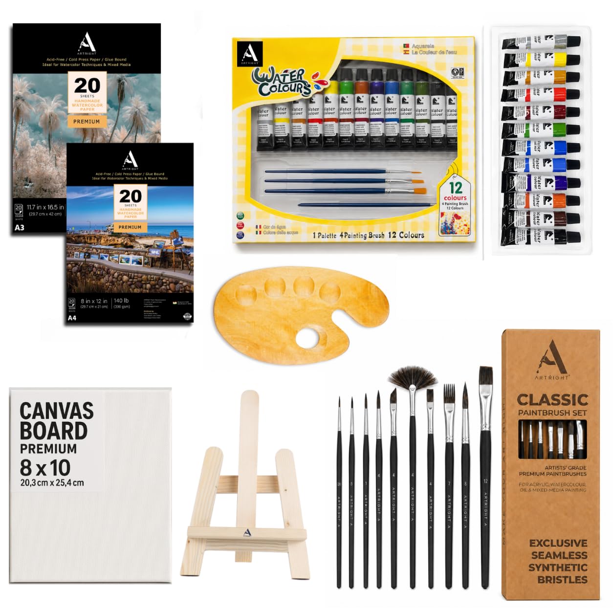 ArtRight 65 Pcs Professional Painting Kit - Art Kit for Painting (Paint Brushes Set of 10-1 Feet Easel Stand - Painting Palette - Set of 12 Artist Paints - 8x10 Canvas - 40 A3 & A4 Watercolor Papers)