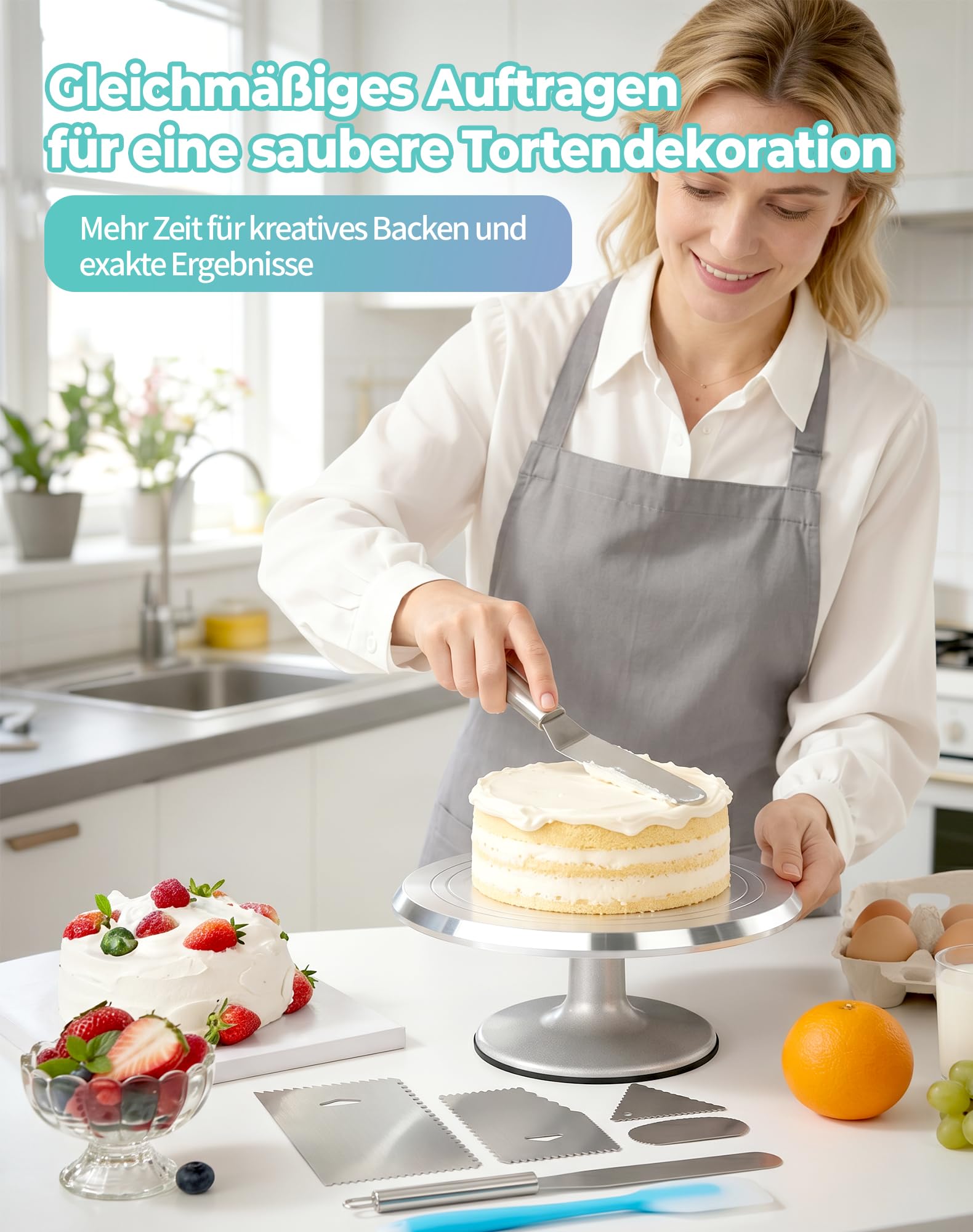 Piatto girevole per torte da 30 cm in alluminio, piatto girevole per torte con rotazione silenziosa a 360°, base antiscivolo, set di accessori per torte con spatola e spatola lisciante