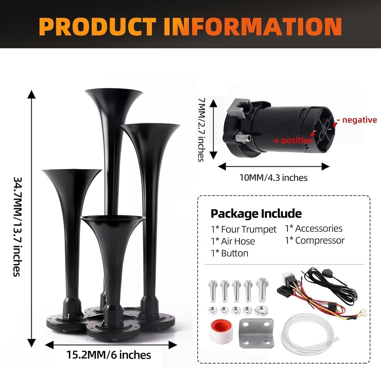 Train Horn for truck Kit-4 Trumpet Metal Air Horns replacement Drill horn 12V 150dB Ultra Loud with Compressor for pickup/motorhome/SUV/truck/train (black 4Trumpet with button)