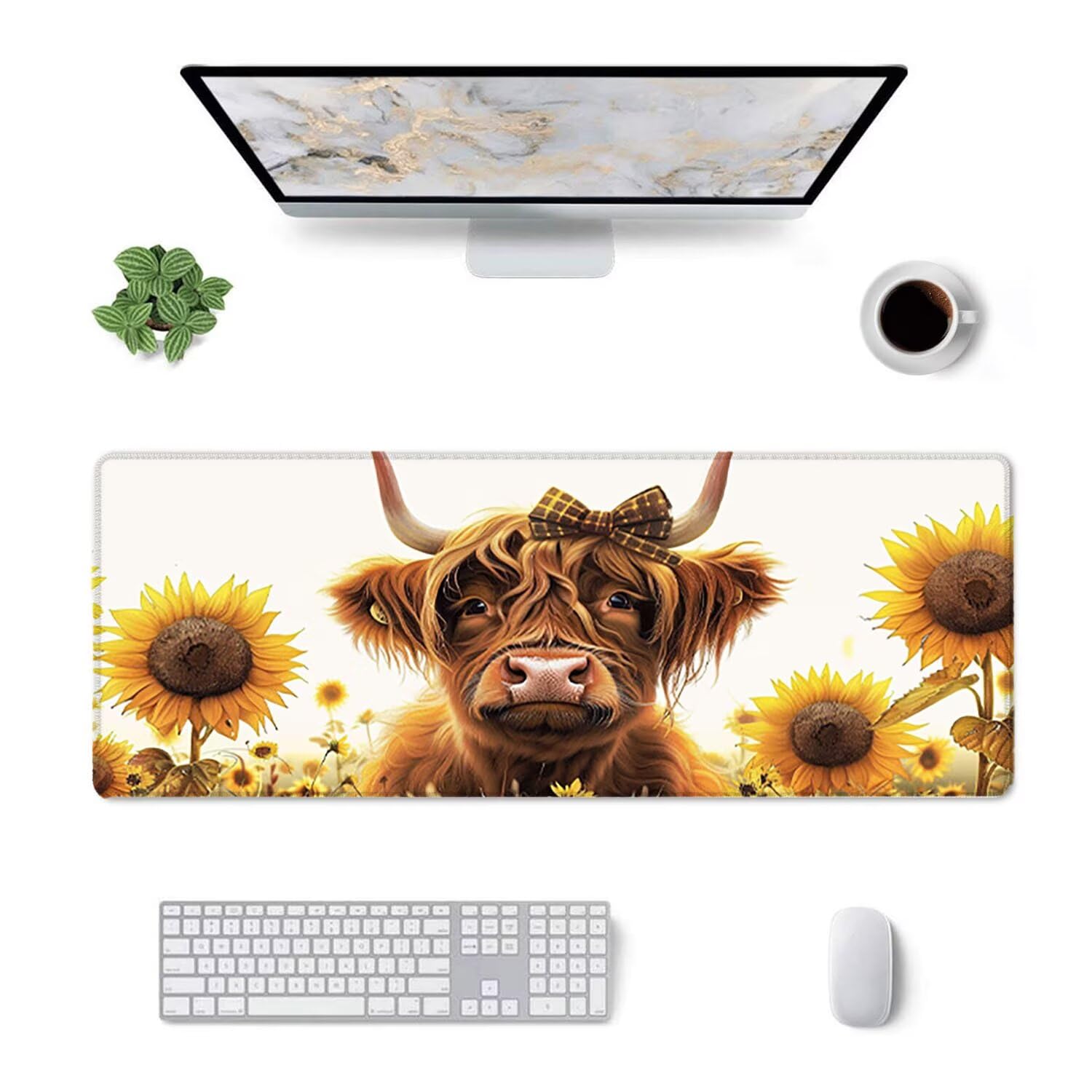 Tapis de Souris Gaming XXL (1200x600mm) - Grand Tapis Bureau Antidérapant Étanche Bords Cousus Caoutchouc Naturel pour Gamer PC Portable Bureau - Précision Vitesse Confort Vache de Tournesol G-844