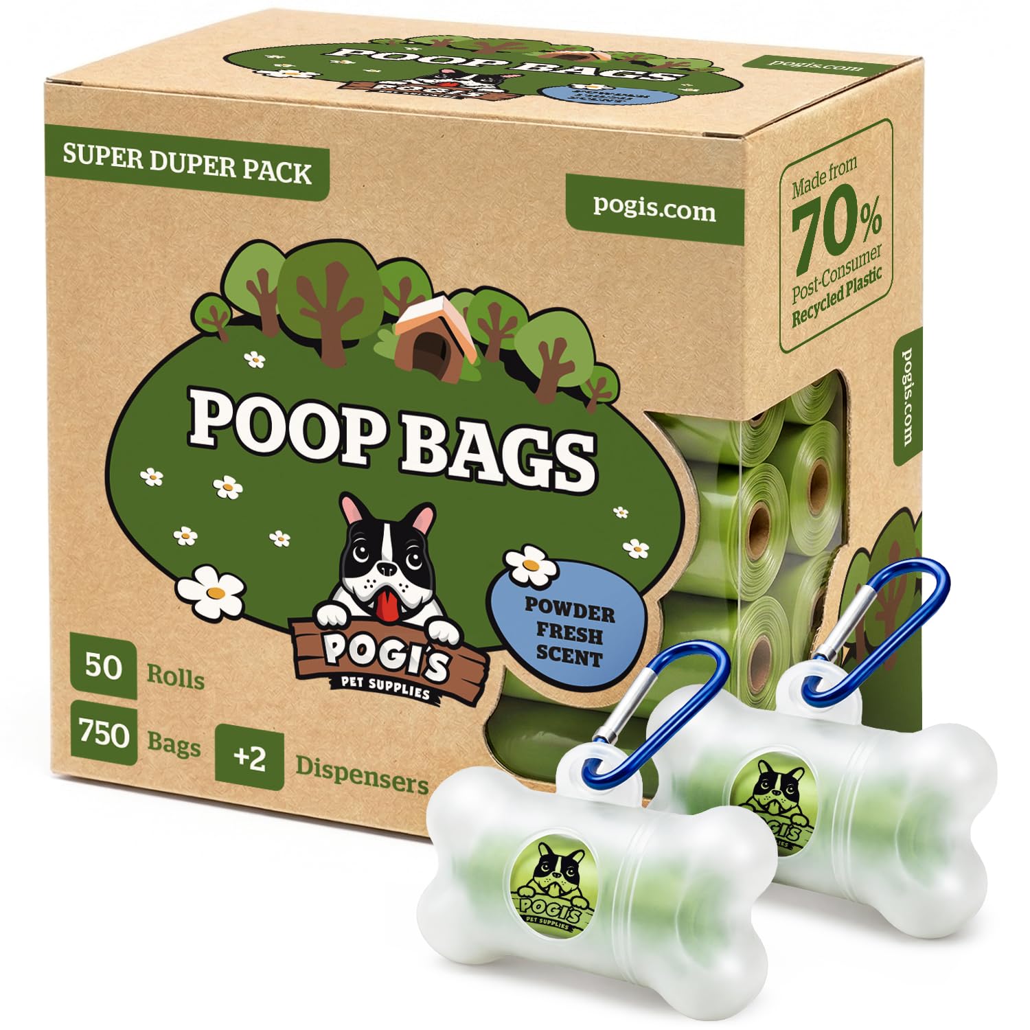 Pogi’s Dog Poo Bags – 750 Bags (50 Rolls) with 2 Dispensers – Biodegradable, Leak-Proof, Extra Strong 1 count (Pack of 750) Scented