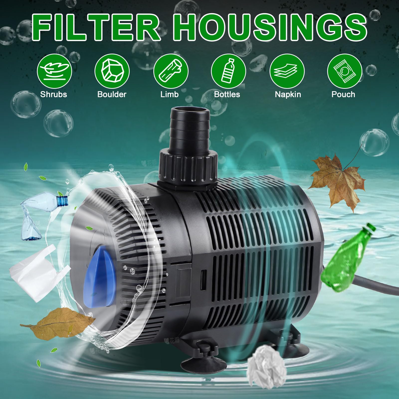 EXLECO pompa laghetto pompa filtro 2300L/H pompa acqua esterno Pompa per laghetti con Filtro 35W Pomp di Giardinaggio Stagno Sommergibile Pompa per Flusso pompas Ruscello con Cavo 10M & 2 ugelli