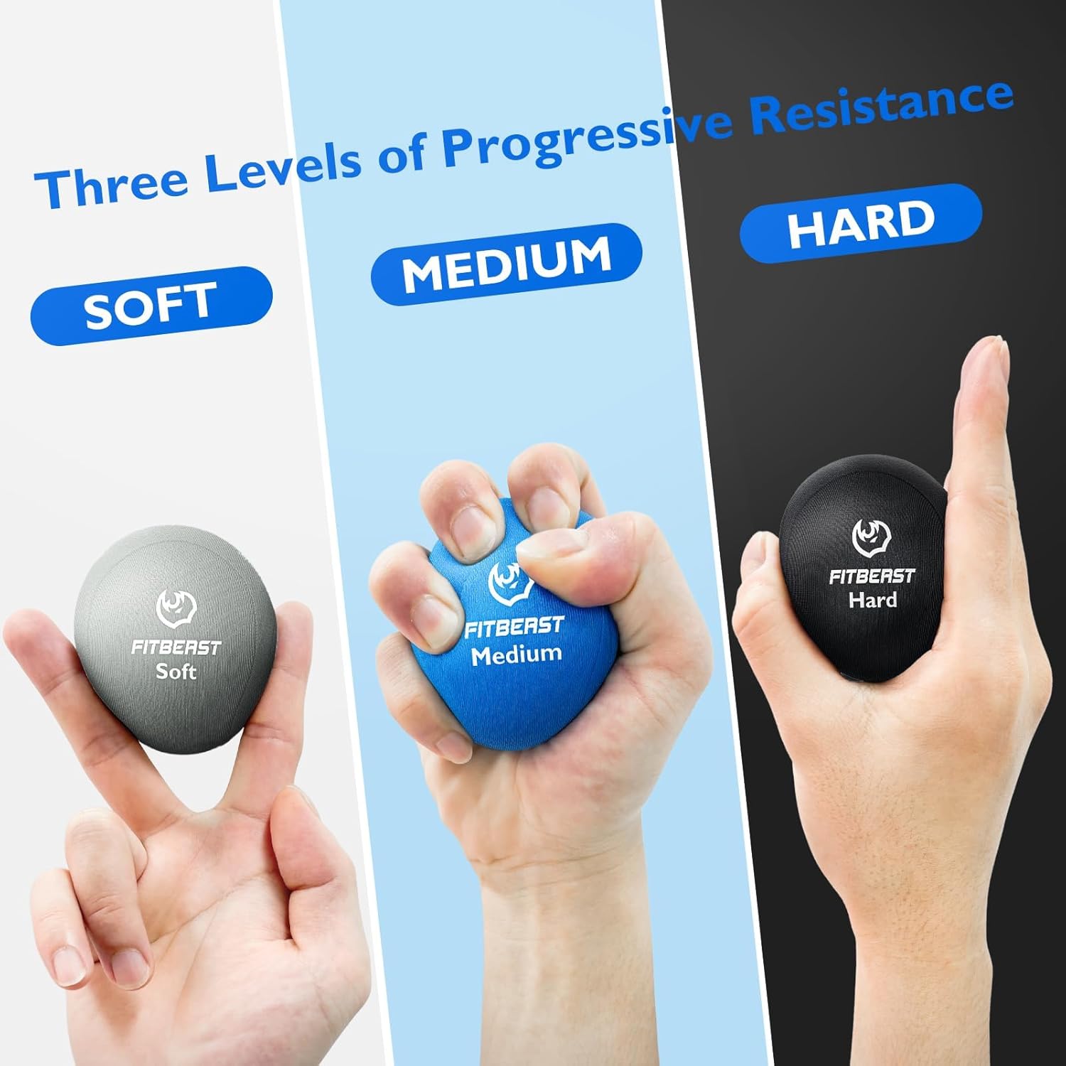 FitBeast Stress Balls for Adults, 6-Pack Hand Therapy Balls, Soft, Medium, Hard Tri-Density, Green, Orange, Blue - Image 2