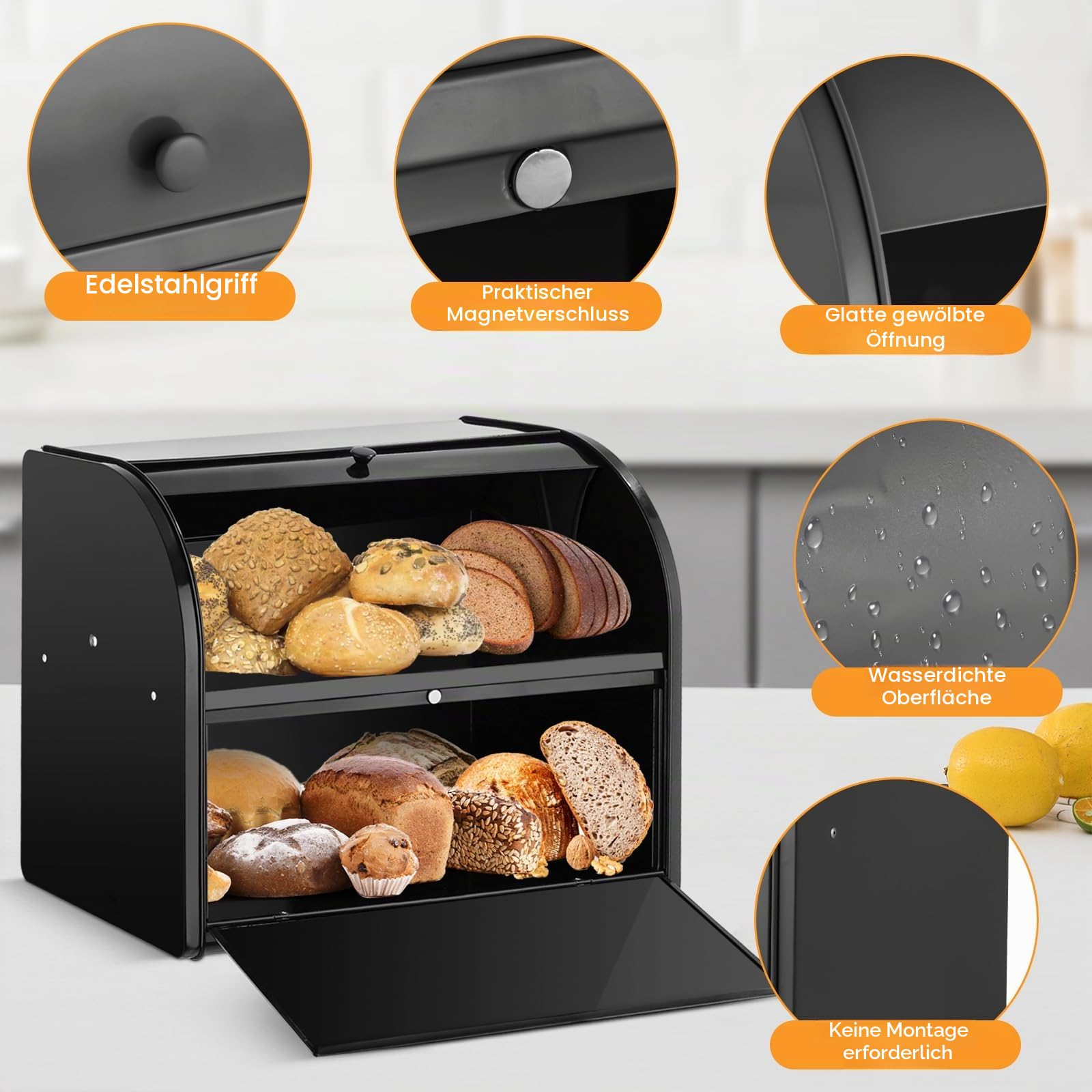 Edelstahl Brotkasten 2 Etagen mit Rolltop Deckel, extragroßer Brotbox Schwarz, Metall Brotbehälter bereits montiert, 40x24x32 cm Küchenaufbewahrung, geeignet für Gebäck und Kekse, Schwarz
