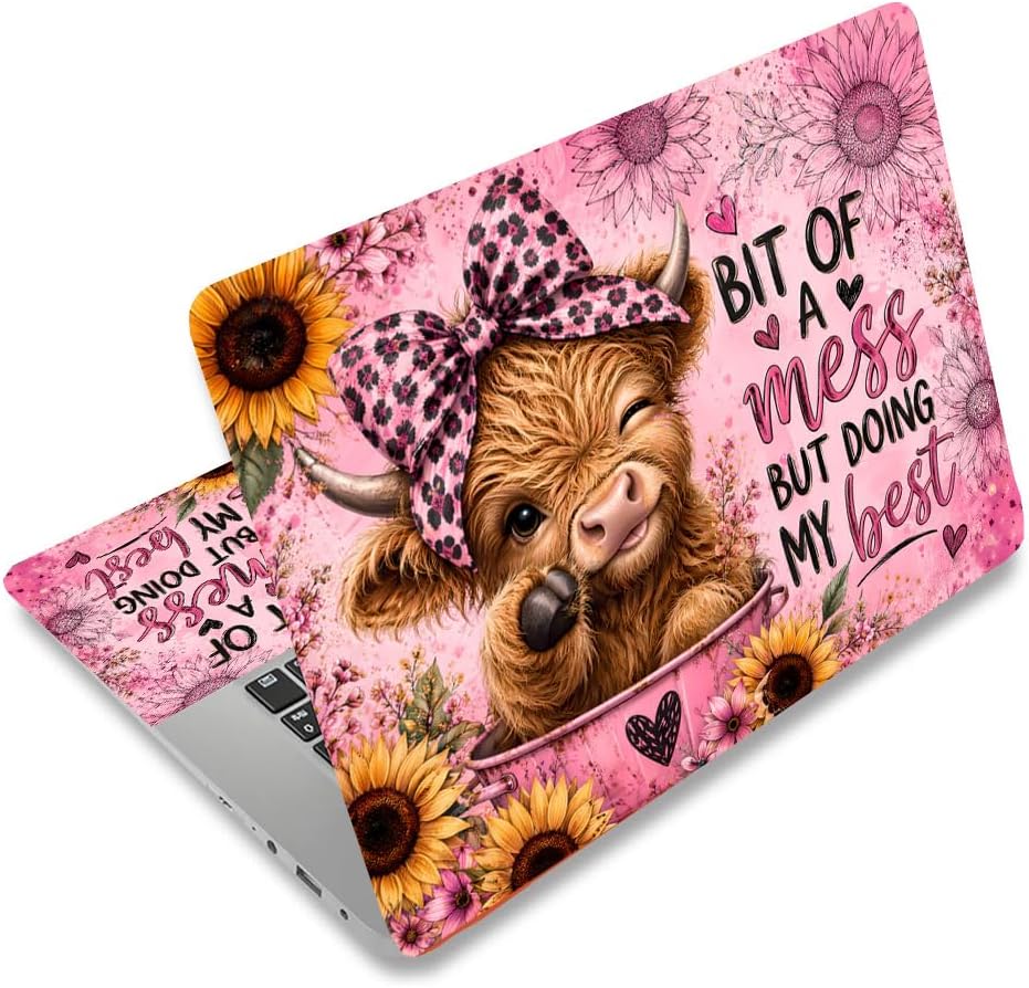 PLIGREAT 14 Inches Laptop Decal Sticker Skin Cover, Universal Vinyl Laptop Skin Decals Highland Cattle Art Notebook Protector with 2 Wrist Pad Skins, Waterproof, Removable, Scratch Resistant