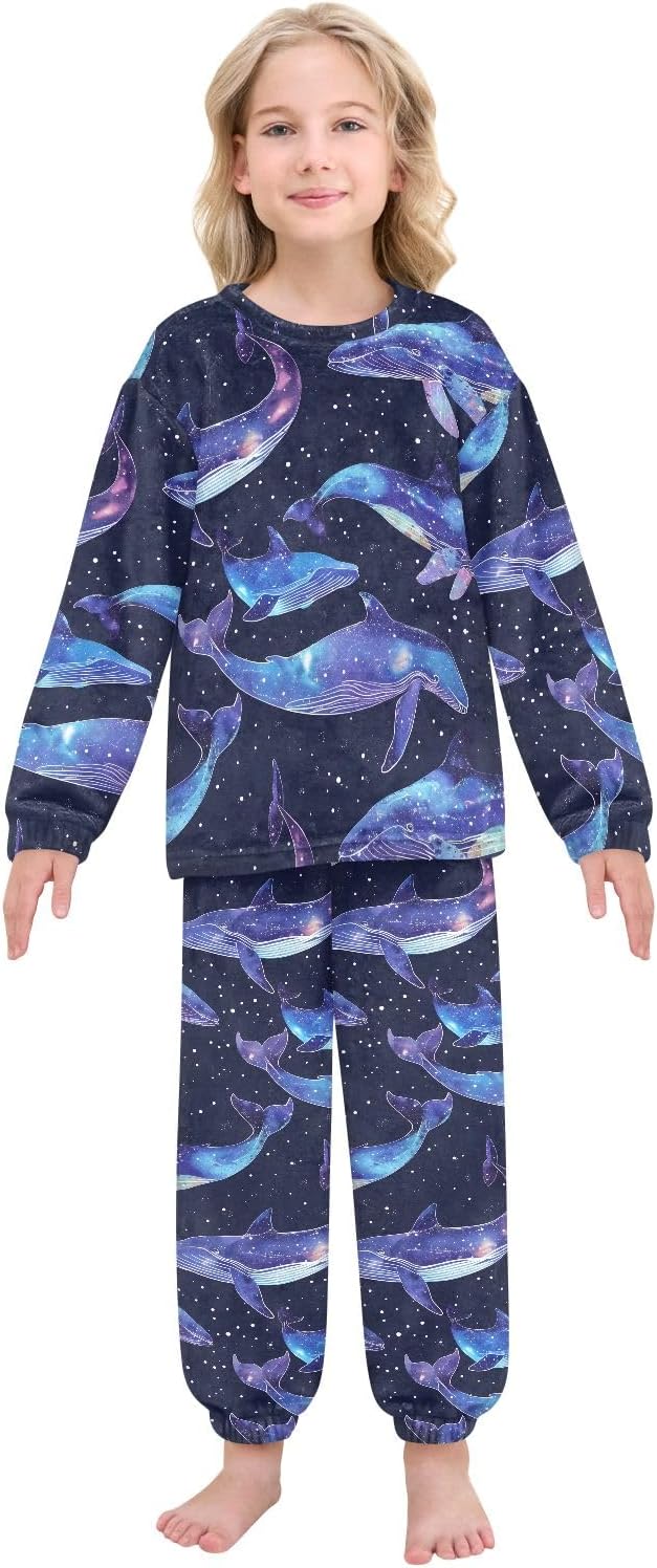Kids Flannel Sets Ethereal Whales Warm Plush Relaxed Clothing for Boys and Girls