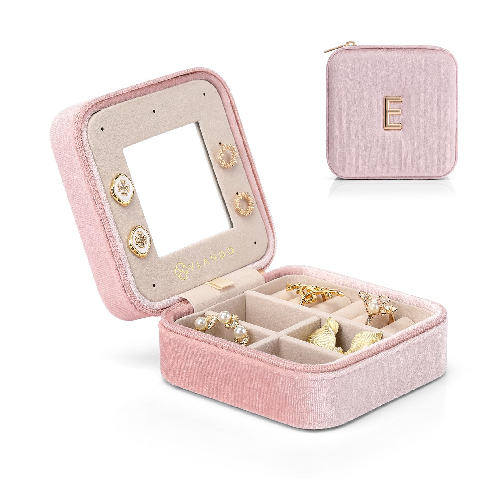 VlandoVlando Small Travel Jewelry Box Organizer Display Case for Rings Earrings Necklaces Storage, Selected Soft Velvet, Letter E Engraved, Pink