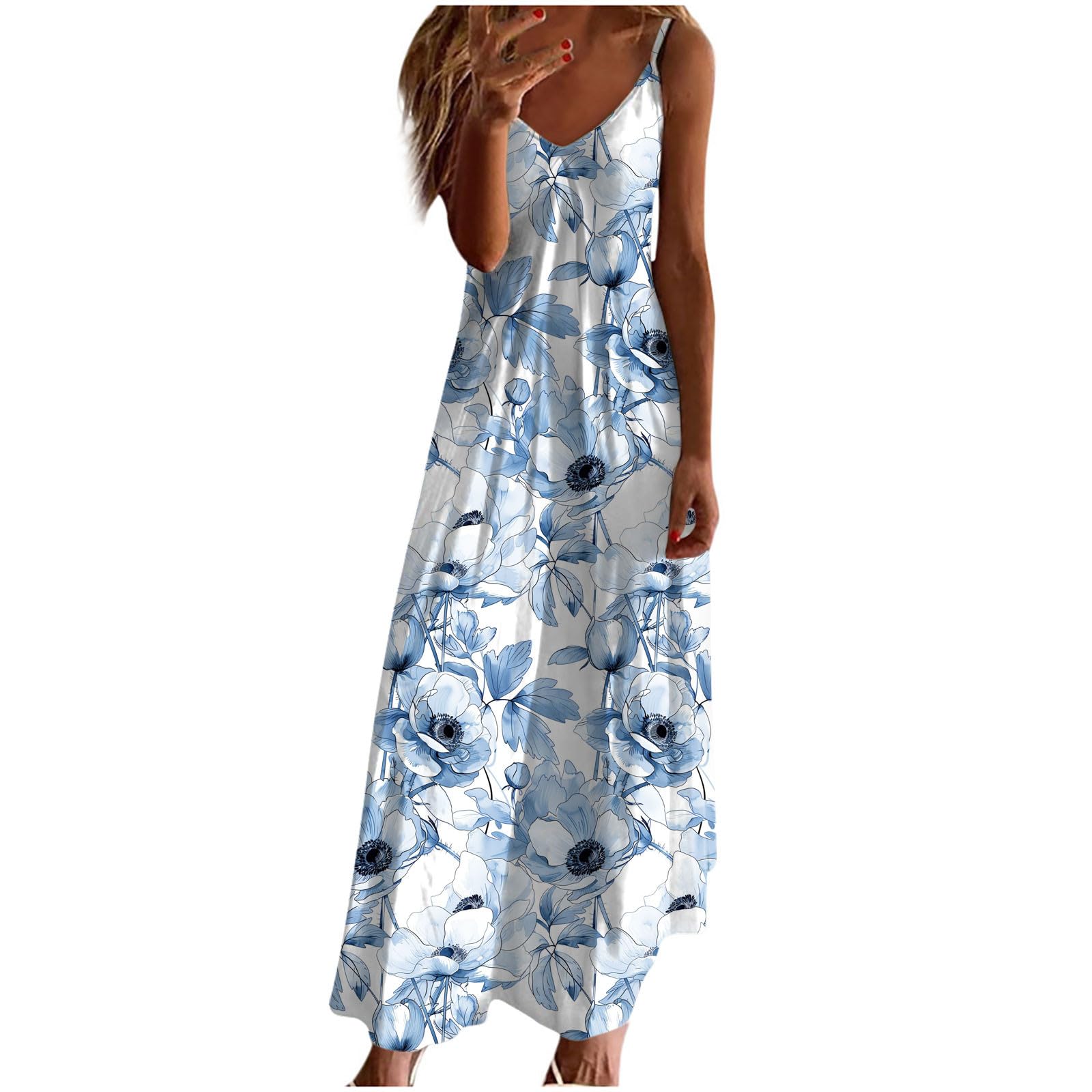 Summer Dresses for Women 2025 Beach Vacation Sexy Spaghetti Strap v Neck Sun Dress Flowy Maxi Long Sundresses Trendy