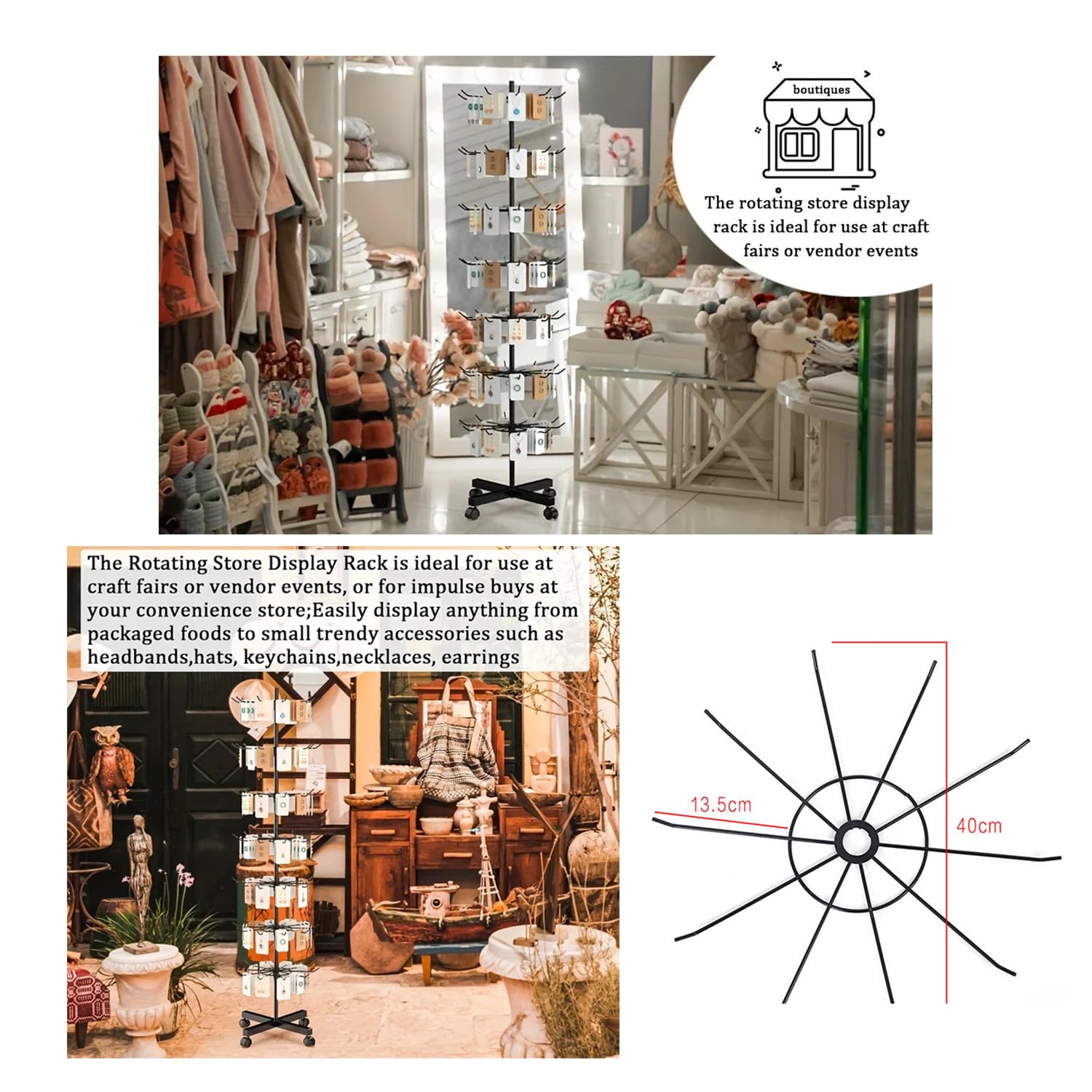 Présentoir Rotatif à 7 Niveaux,Etagère En Métal,Pour Porte-Clés,Bijoux,Événements Et Magasins,Mobile Et Réglable,Étagères Verticales Pour Les Magasins De Détail Et Les Supermarchés,Noir