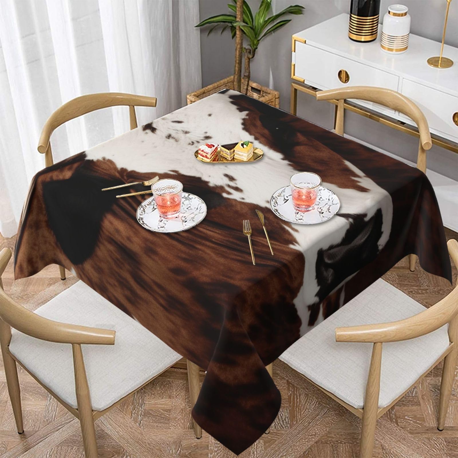 WPKJU Brown Cowhide Art Printed Square Tablecloth 54x54 inch Water Resistant Table Cover Washable Rectangle Table Cloth for Dining Tables