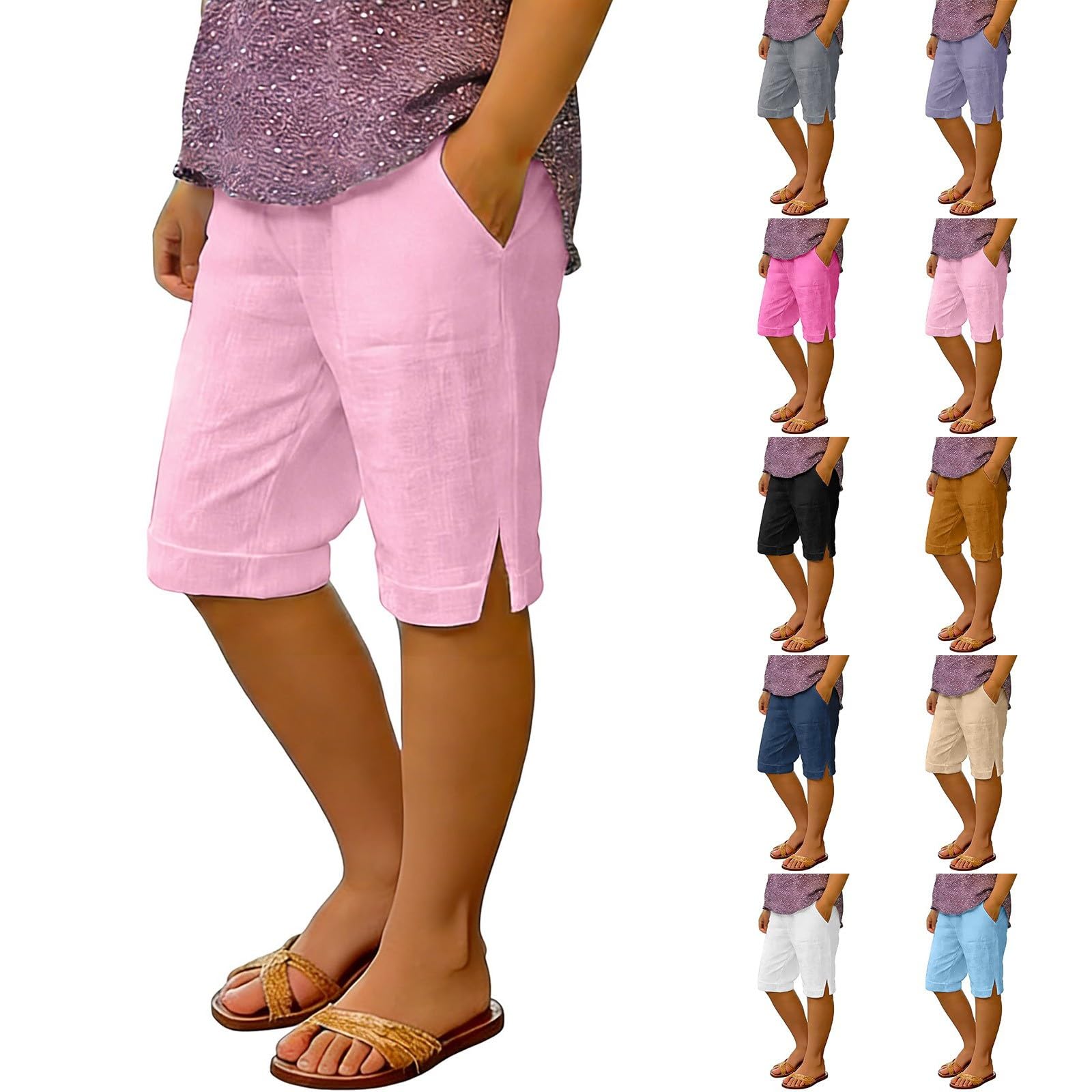 Short de plage pour filles - Longueur genou - Bermuda court en coton - Taille élastique - Pantalon d'été solide avec poches - Joli pantalon tendance et doux