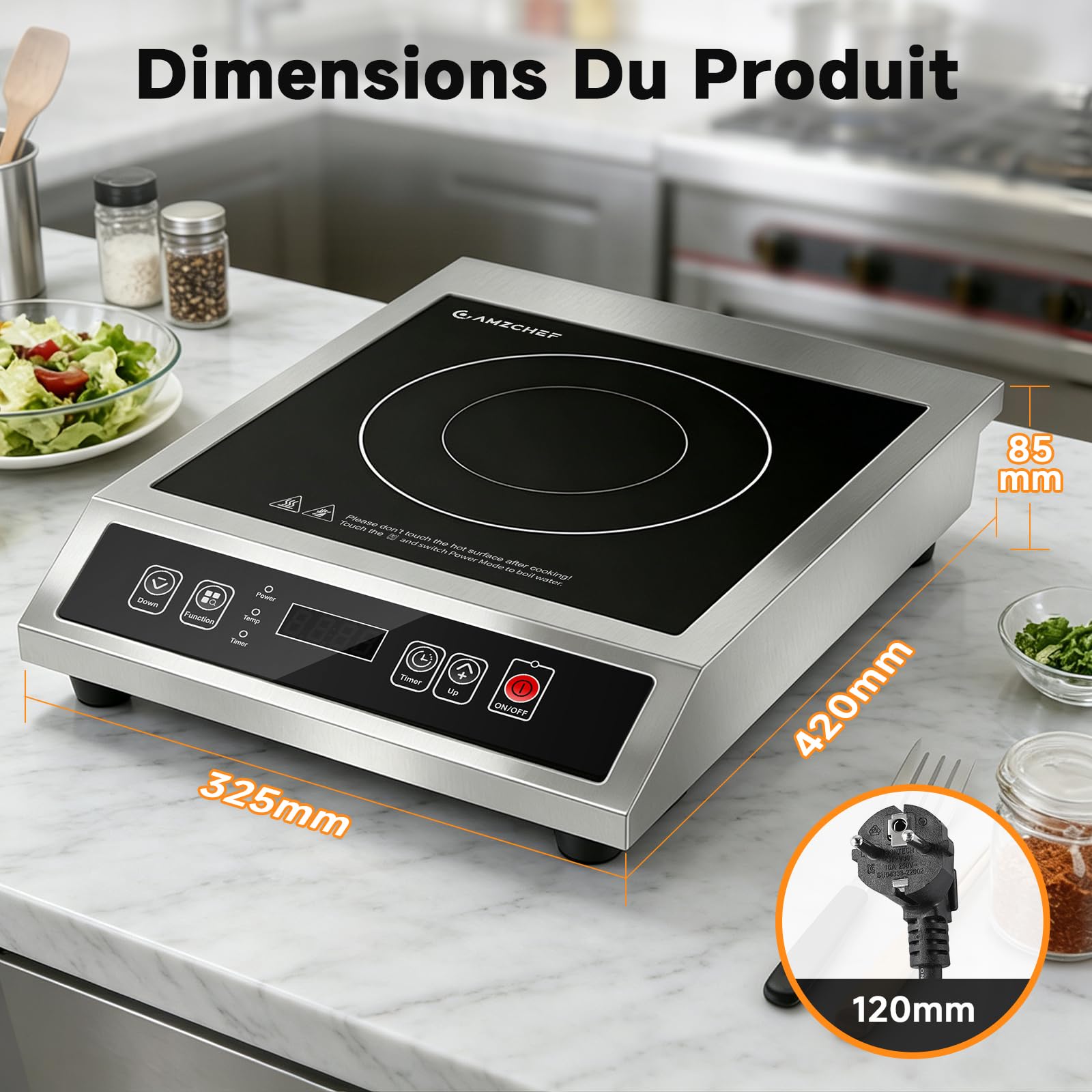 AMZCHEF Plaque Induction Commerciale 3500W, 21 Niveaux de Puissance&20 Niveaux de Température, Corps en Acier Inoxydable, Minuterie 10H, Adapté pour Cuisine de Restauration Professionnelle Restaurant