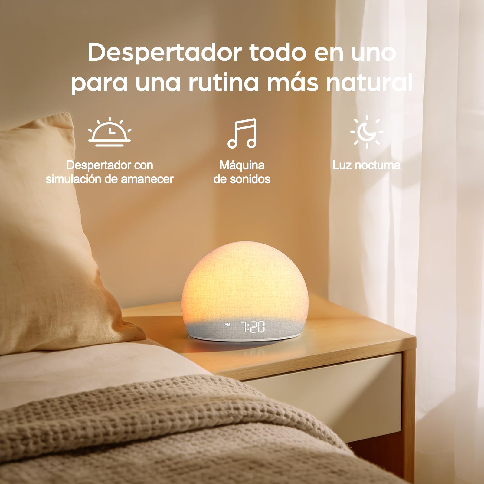 DOUMOSH Despertador con Luz de Amanecer y Máquina de Ruido Blanco | Luz Natural con Alarma Suave, 20 Sonidos Relajantes, Pantalla Regulable, Diseño sin Pantalla