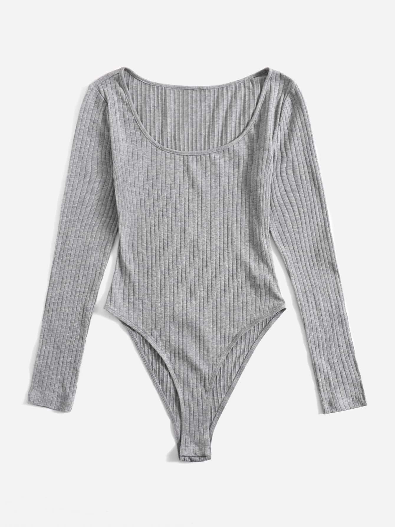 Women's Long Sleeve Scoop Neck Ribbed Bodysuit Basic Stretch Slim Fit Jumpsuits Tops