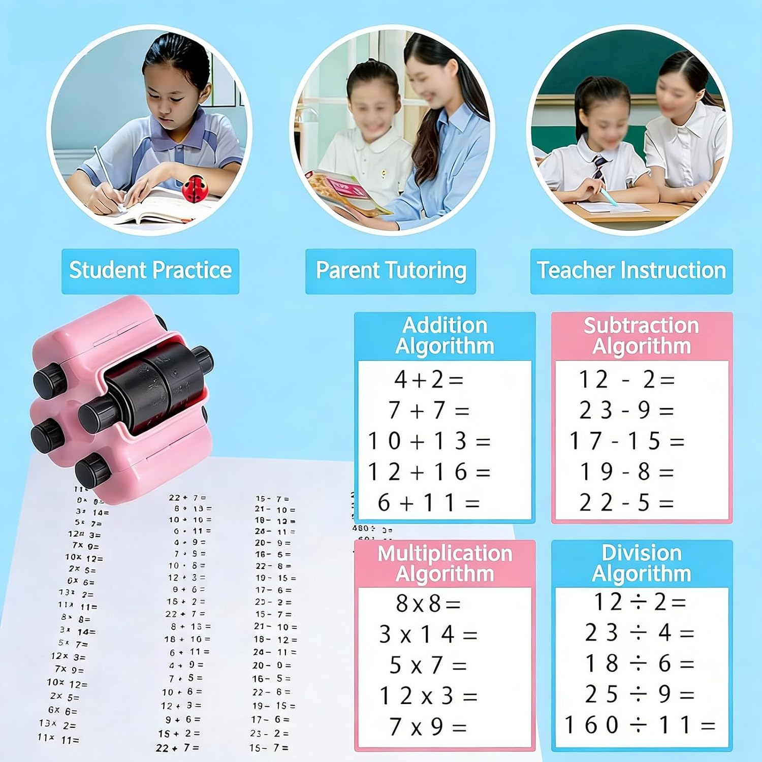 4 in 1 Math Stamp Roller, Math Roller Stamp – Randomized Addition Subtraction Multiplication & Fill-in-the-Blank Practice, Reusable with Refill Ink, Fun Math Learning Tool for Kids (2pcs-Blue)