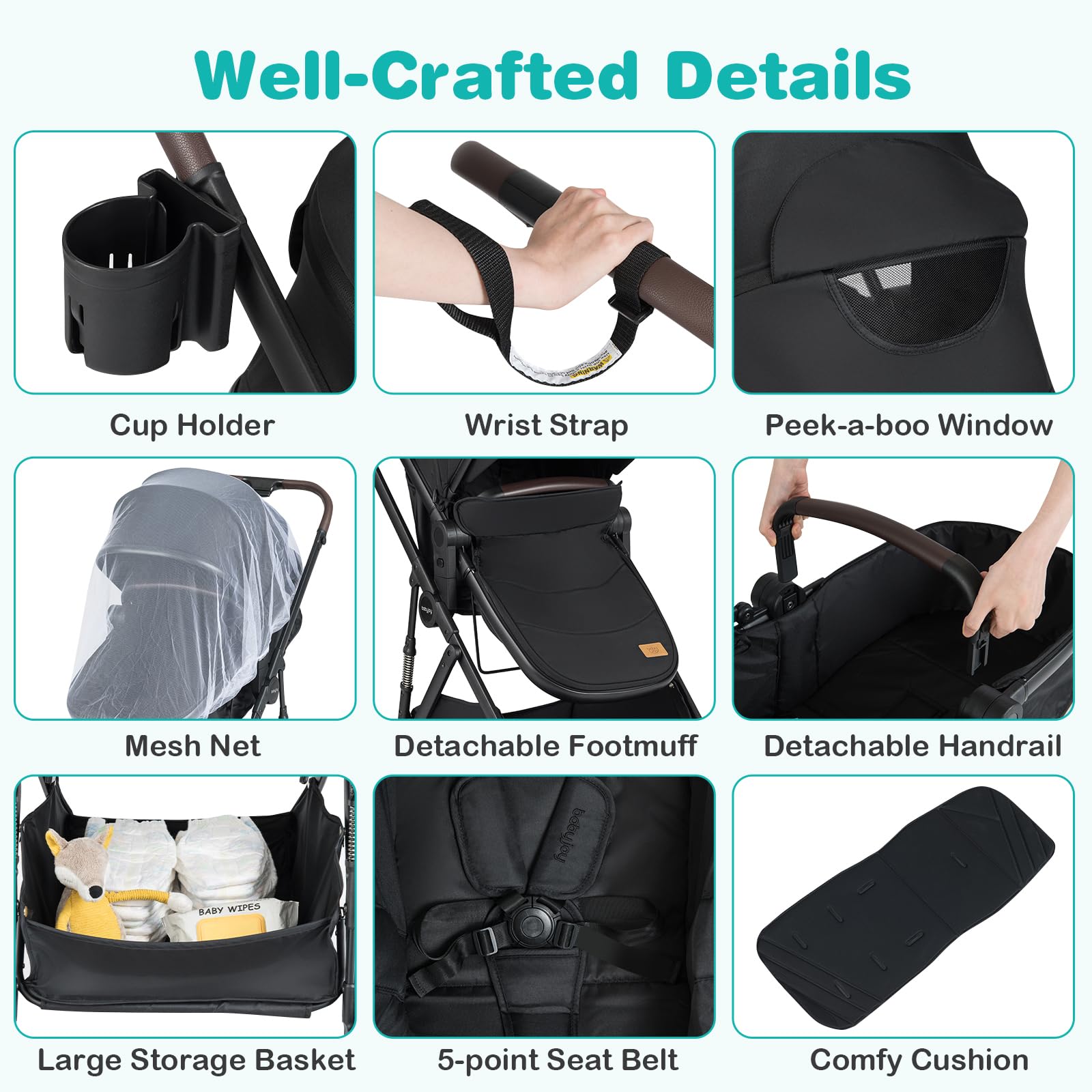 COSTWAY 3 in 1 Baby Stroller, Foldable Travel System Pram with Reversible Seat, Adjustable Canopy & Backrest, Mesh Net, Storage Basket, Lightweight Infant Newborn Pushchair for 0-36 Months (Black) — view 8