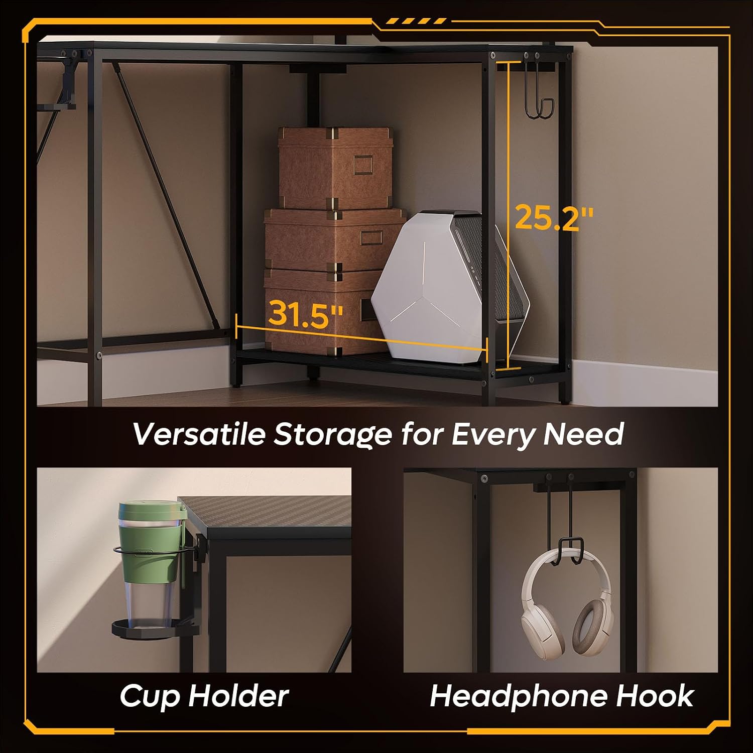 Versatile storage features including under-desk shelf, cup holder, and headset hook