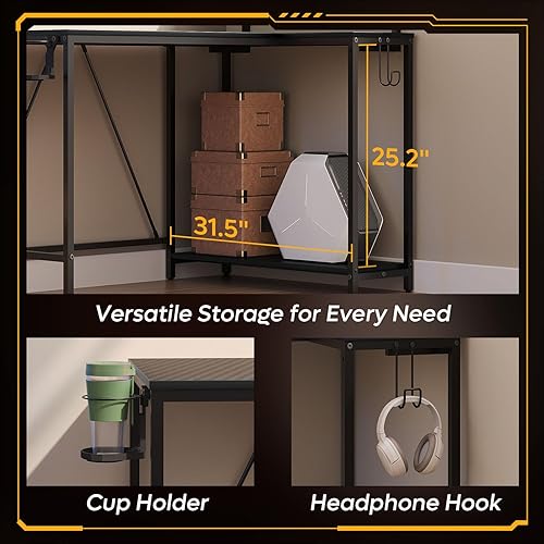 Miniatura 5 de Escritorio reversible para juegos de 42 pulgadas con soporte para monitor, escritorio de computadora con luces LED, escritorio de esquina en forma