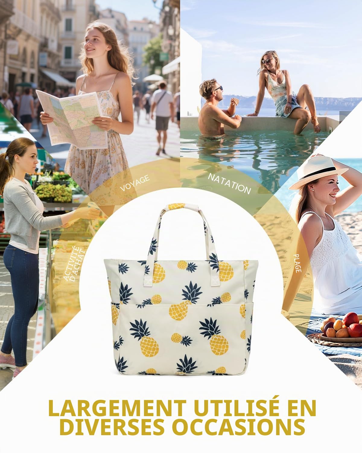 KABAQOO Sac de Plage XXL Famille avec Fermeture Éclair et Compartiment Humide Sac Cabas Piscine Femme Grand Multipoches