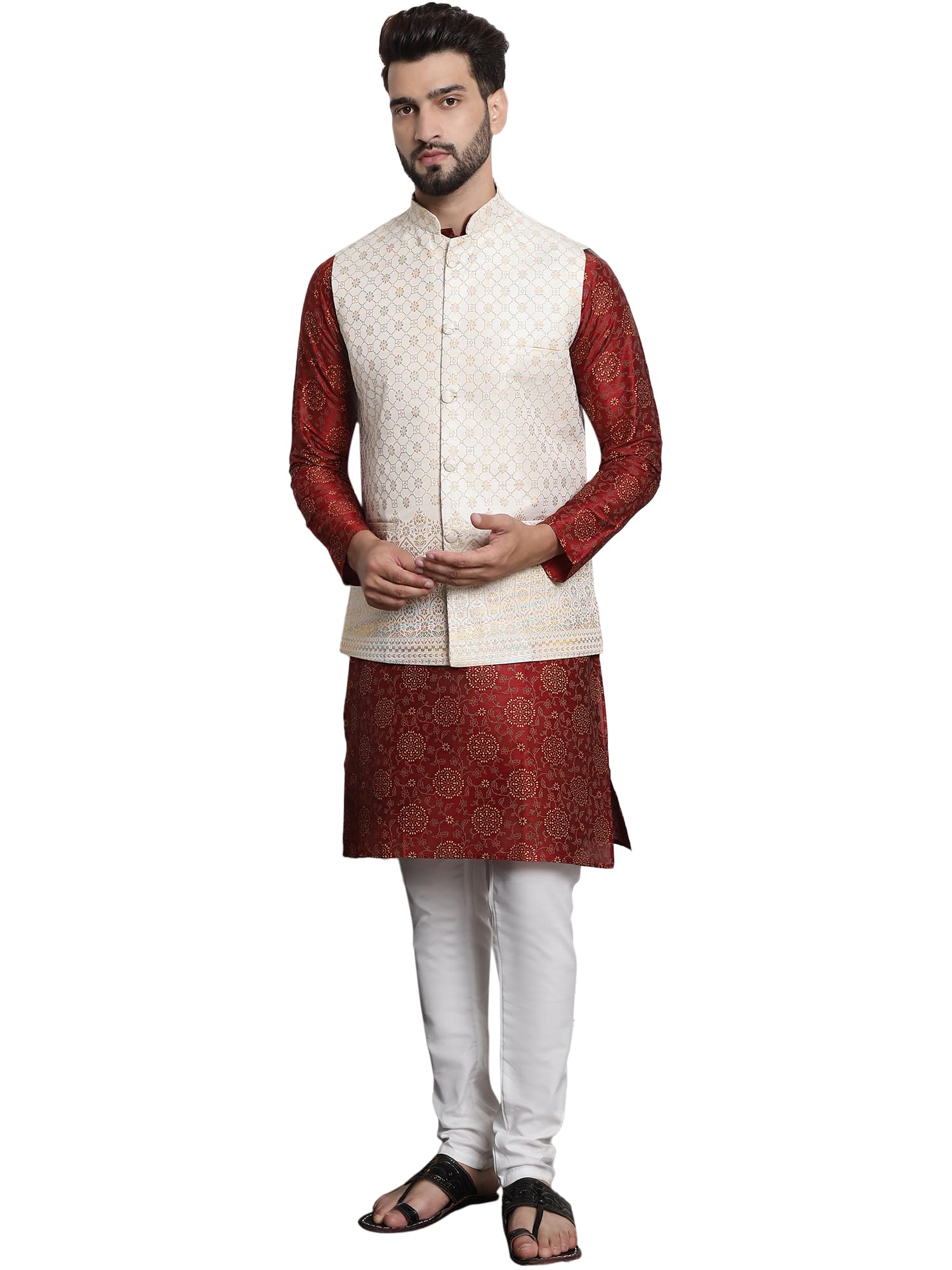 Sojanya (Since 1958 Men's Silk Blend Print Maroon Kurta And Cream Pyjama With Cream Nehru Jacket
