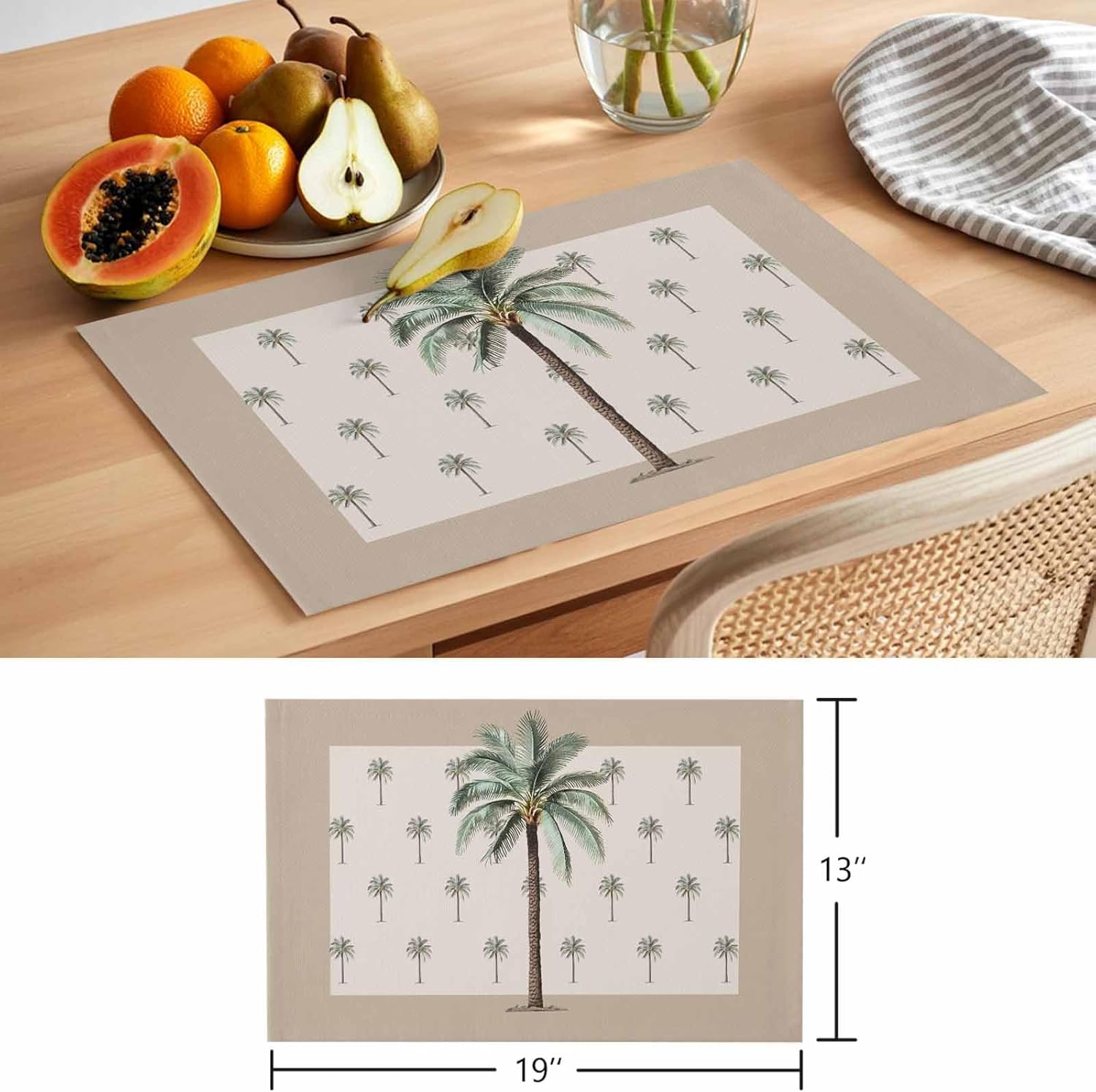 Placemats Set of 6 Dinner Cotton Linen Burlap Heat Resistant Table Mats Tropical Beach Palm Tree Washable Non-Slip Insulation Placemat for Banquet Kitchen Dining Table Decor 13 x 19 Inch