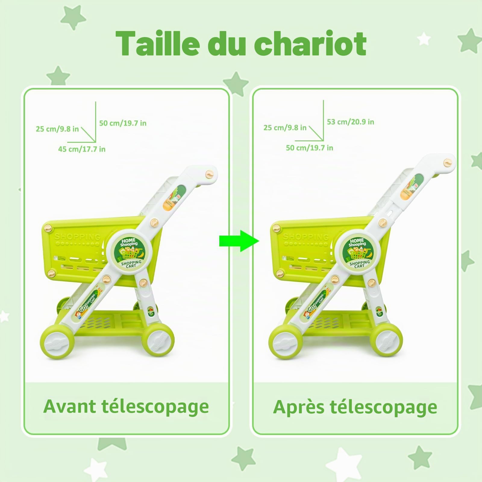 Chariot de Courses Enfant, 31Pièces Chariot de Supermarché Jouet avec Accessoires de Fruits Légumes Nourriture, Jeux de Rôle Caddie D'épicerie Magasin pour Garçons et Filles (Vert)