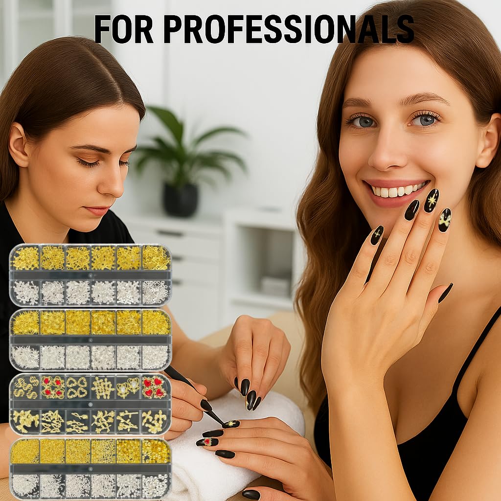 Juego de dijes y gemas doradas para uñas, 4 cajas de gemas para uñas, herramientas de arte de uñas, dijes de cruz 3D, diamantes de imitación de corazón para suministros de uñas, dijes para 7